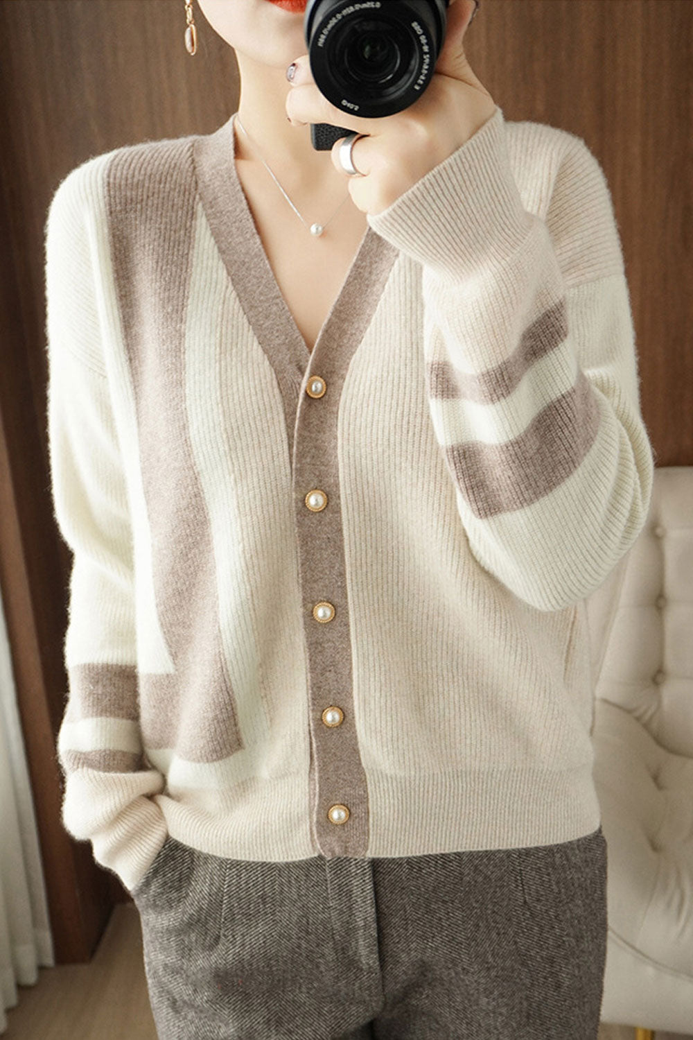 Women V-Neck Contrast Color Long Sleeve Comfy Knitted Cardigan