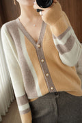 Women V-Neck Contrast Color Long Sleeve Comfy Knitted Cardigan