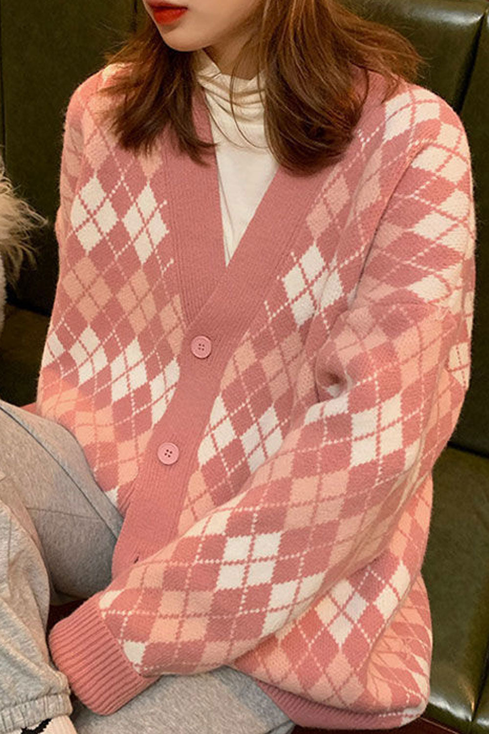 Women Button Down Closure Diamond Pattern Cozy Casual Cardigan