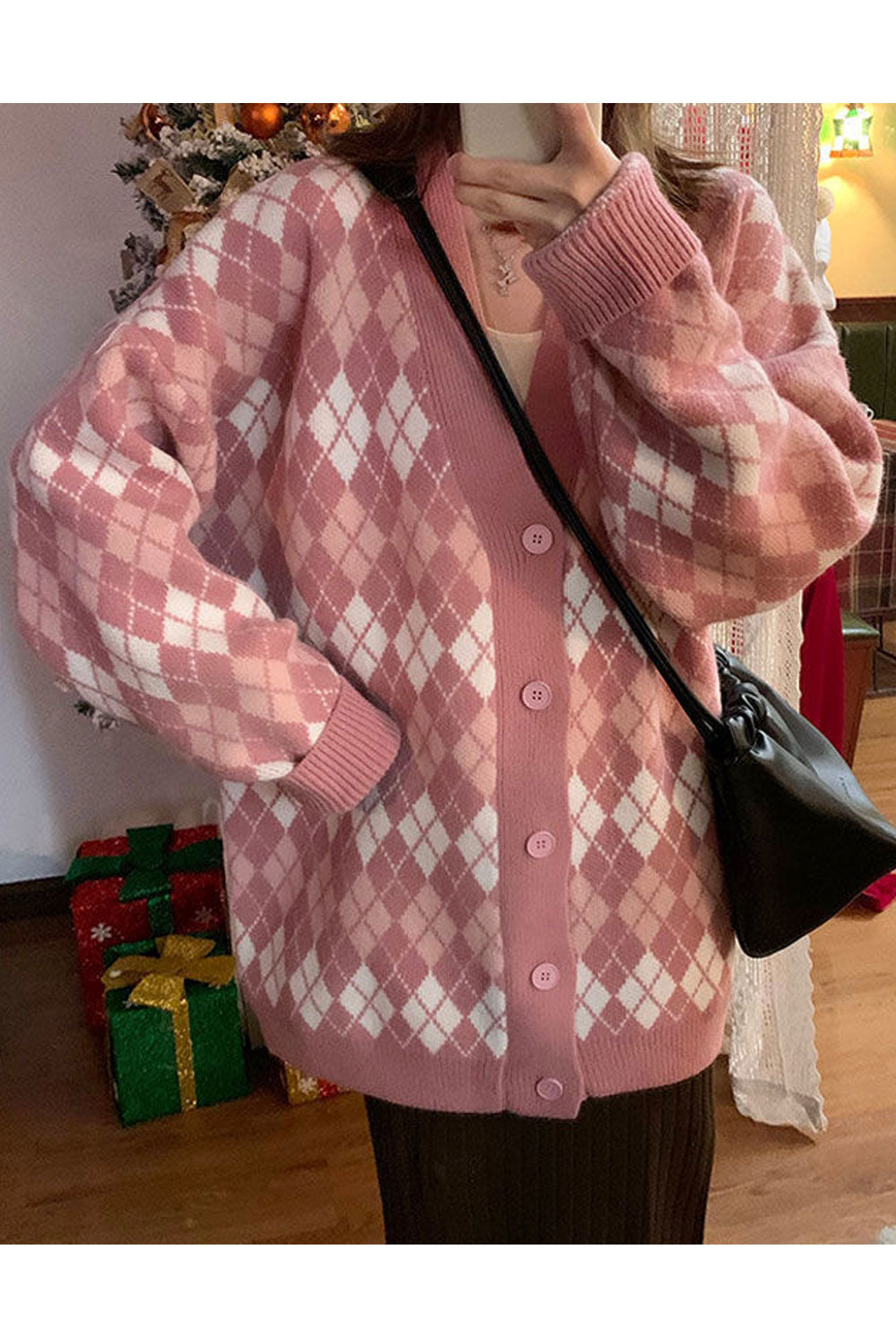 Women Button Down Closure Diamond Pattern Cozy Casual Cardigan