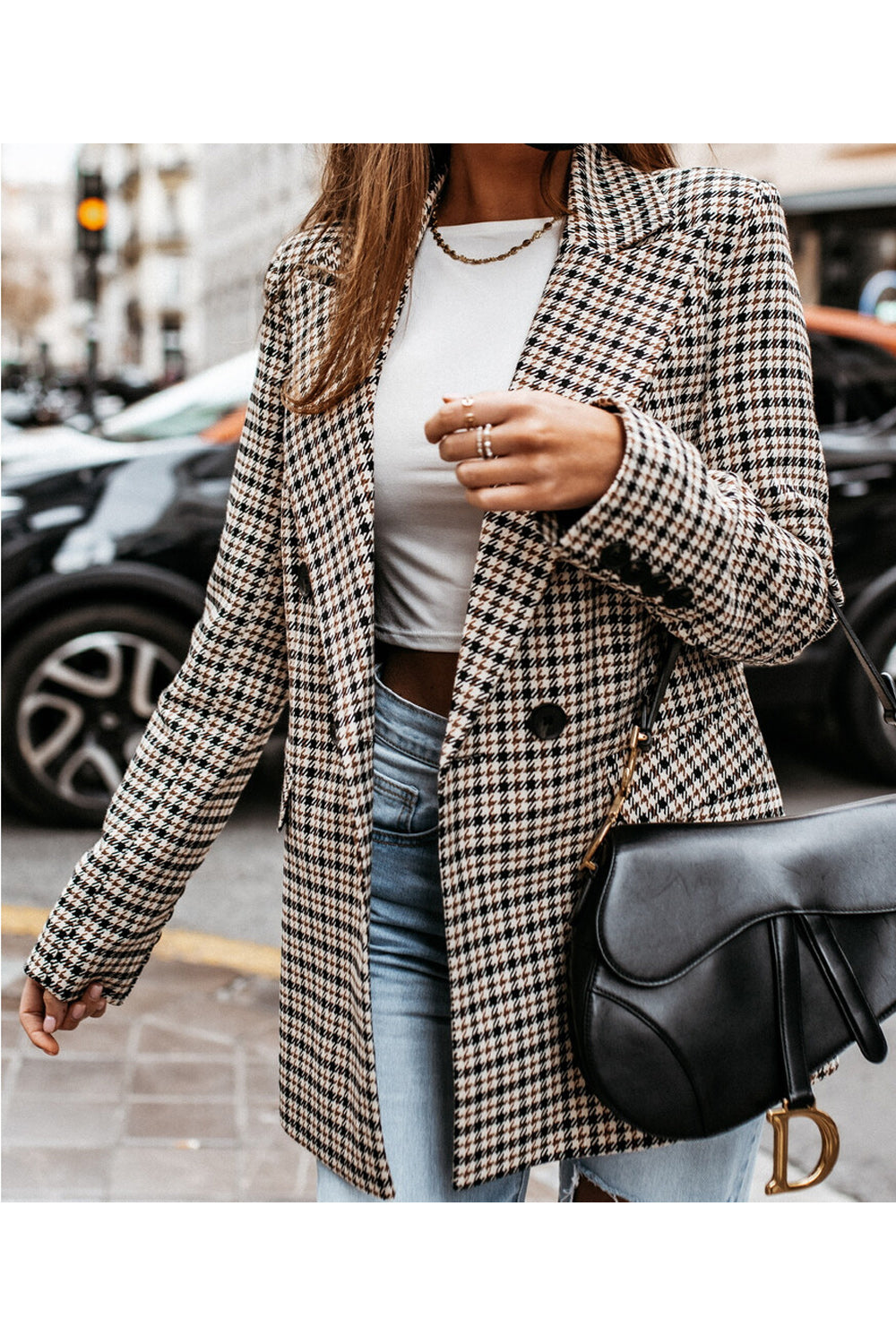 Women Stylish Plaid Pattern Front Open Coat