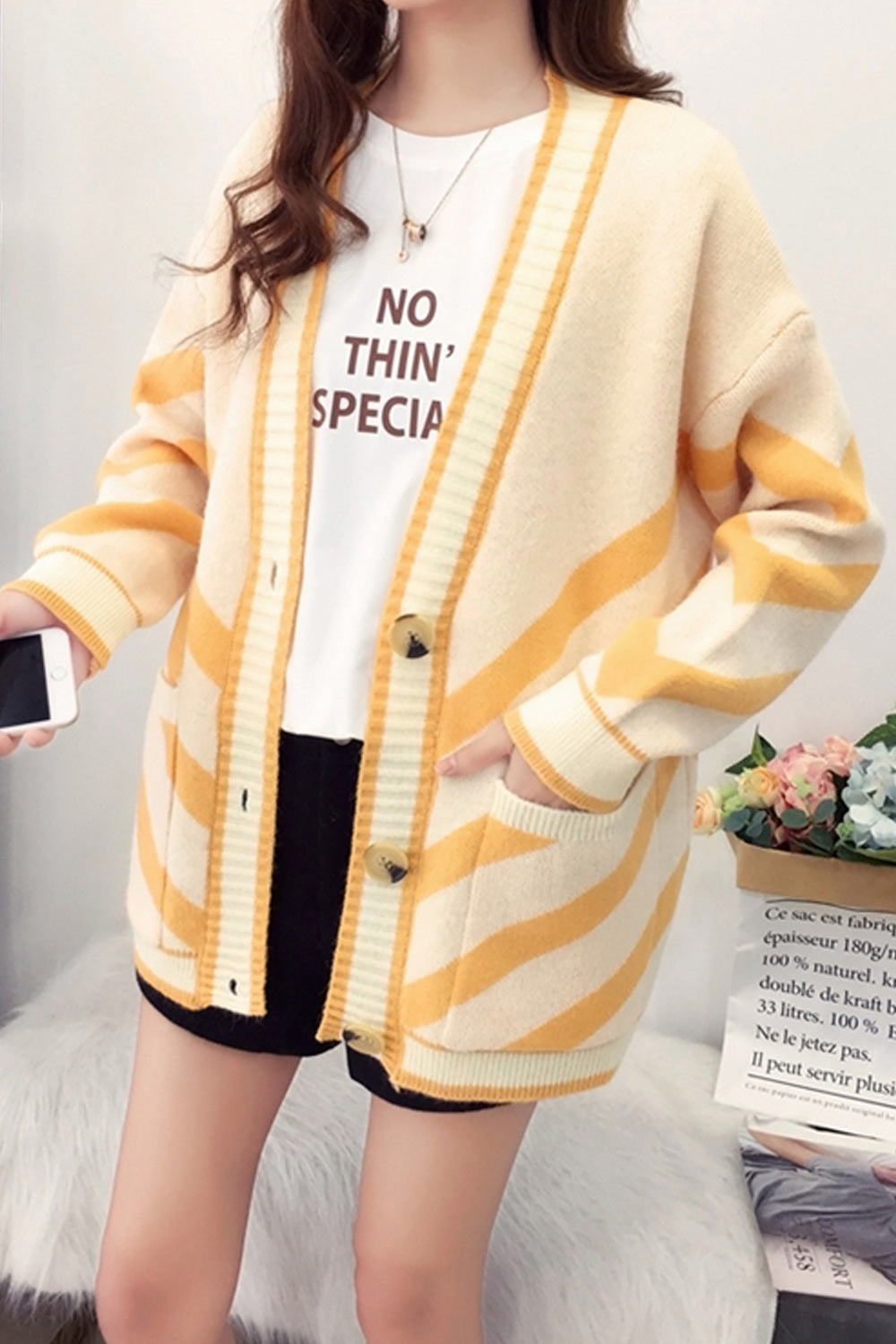 Women Striped Pattern V-Neck Pretty Button Closure Cardigan
