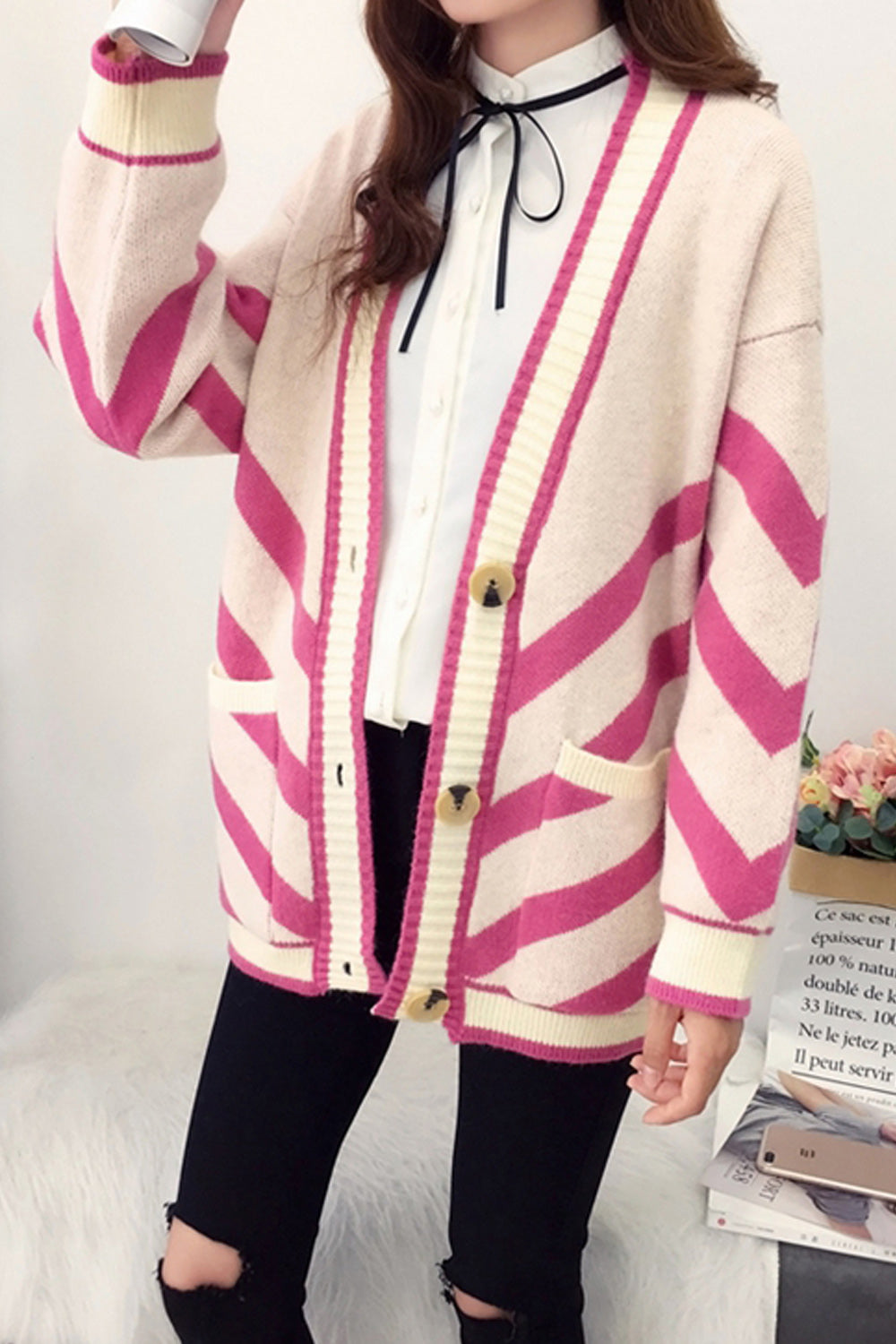 Women Striped Pattern V-Neck Pretty Button Closure Cardigan