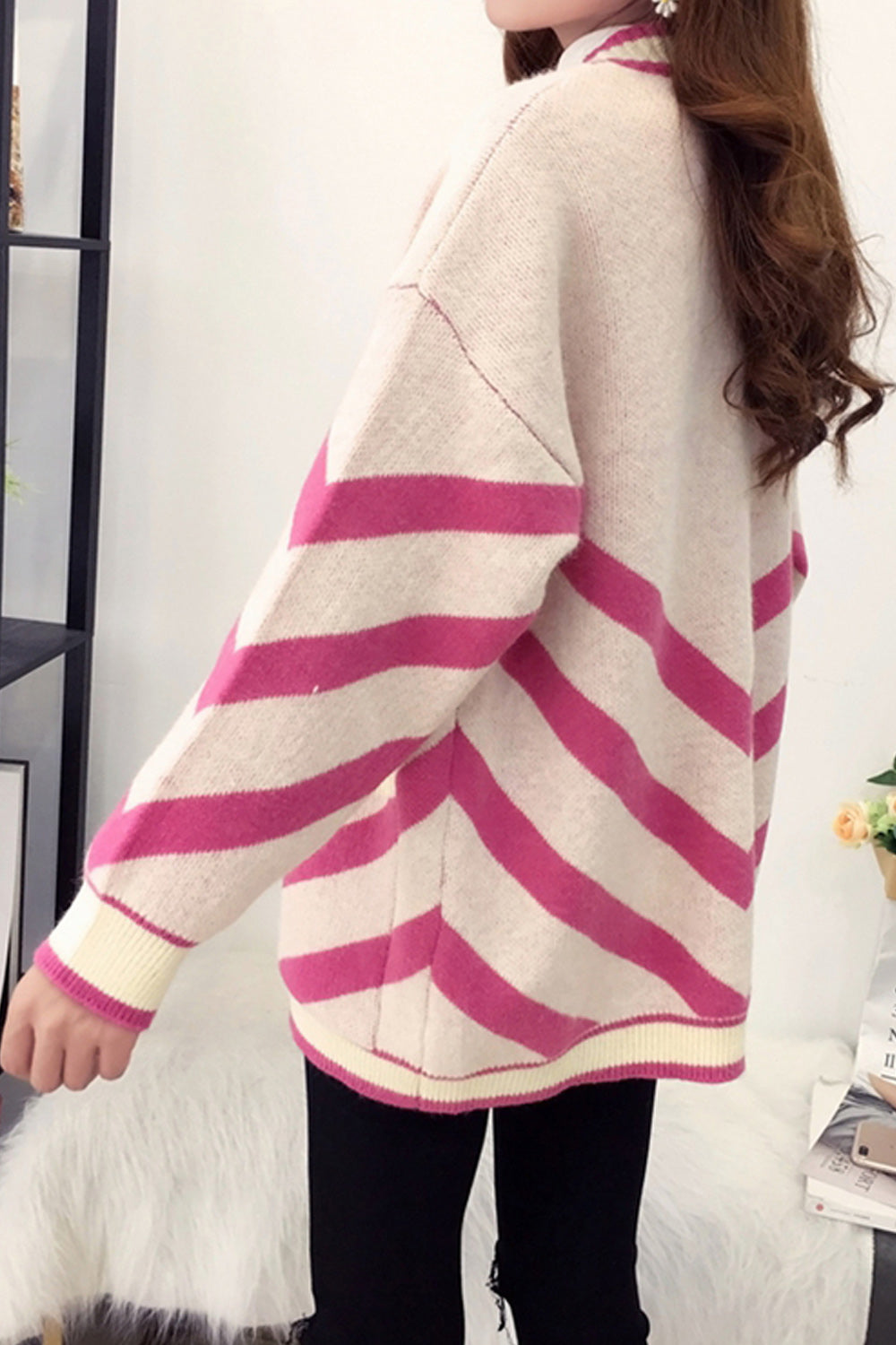 Women Striped Pattern V-Neck Pretty Button Closure Cardigan