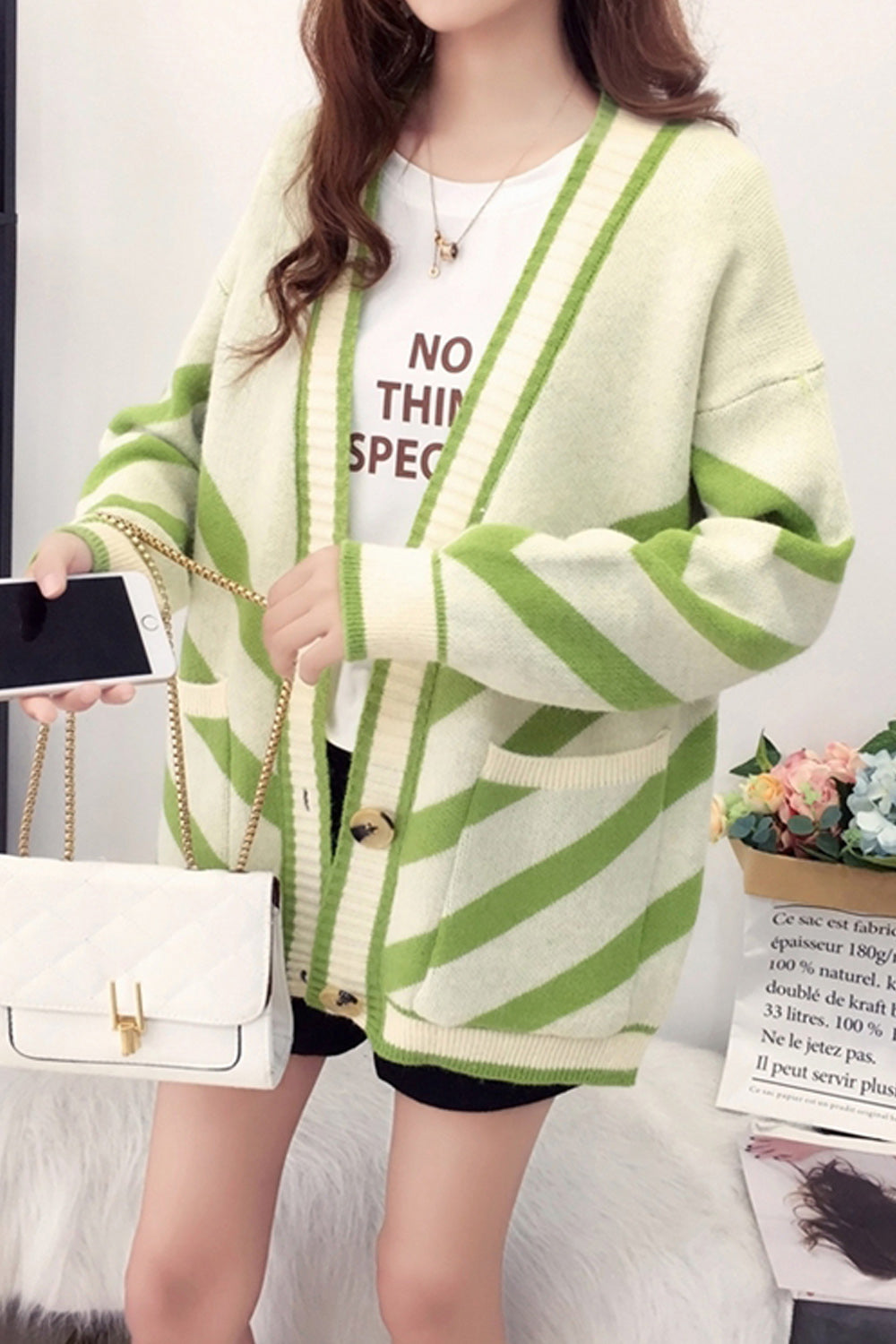 Women Striped Pattern V-Neck Pretty Button Closure Cardigan