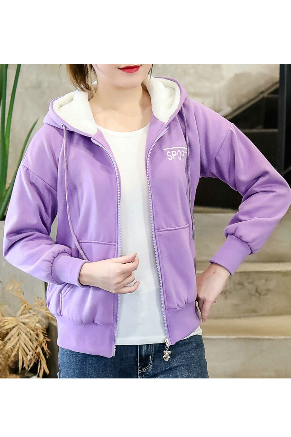 Women Zipper Closure Solid Color Hooded Neck Hoodie