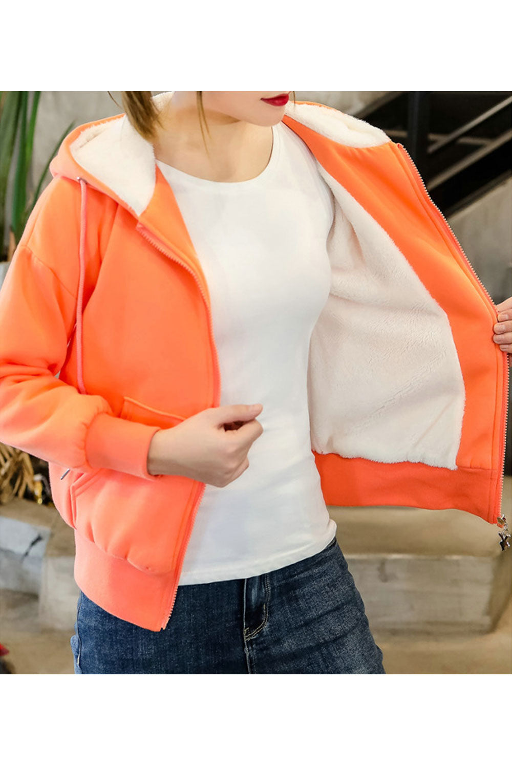 Women Zipper Closure Solid Color Hooded Neck Hoodie