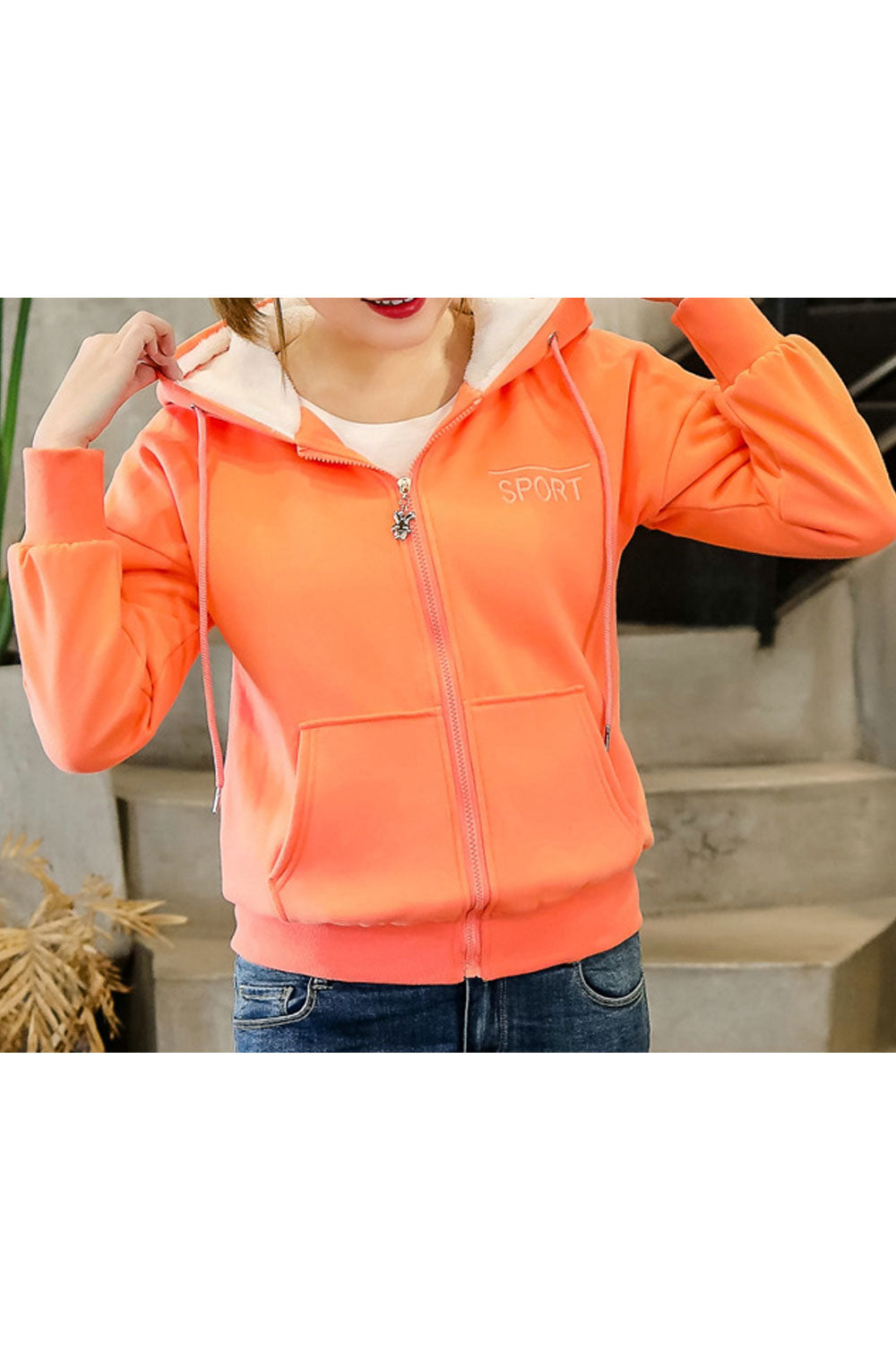 Women Zipper Closure Solid Color Hooded Neck Hoodie