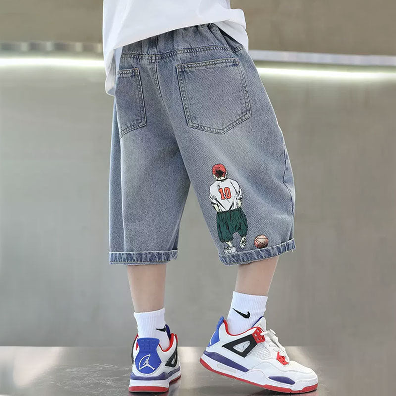 Kids Boys New Fashion Middle Waist Elastic Belt Solid Color Summer Casual Trendy Scarecrow Soft Denim Cropped Pants Jeans Shorts