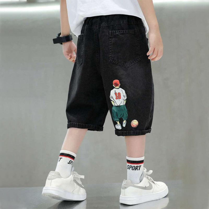 Kids Boys New Fashion Middle Waist Elastic Belt Solid Color Summer Casual Trendy Scarecrow Soft Denim Cropped Pants Jeans Shorts