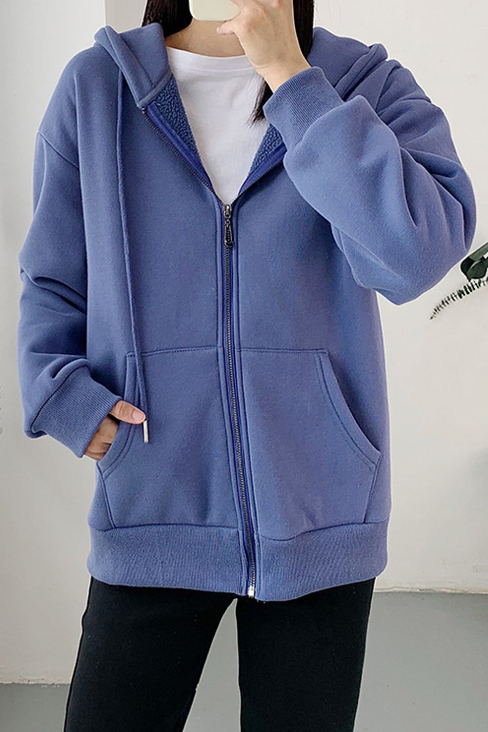 Women Solid Color Zipper Closure Hooded Neck Long Sleeve Hoodie