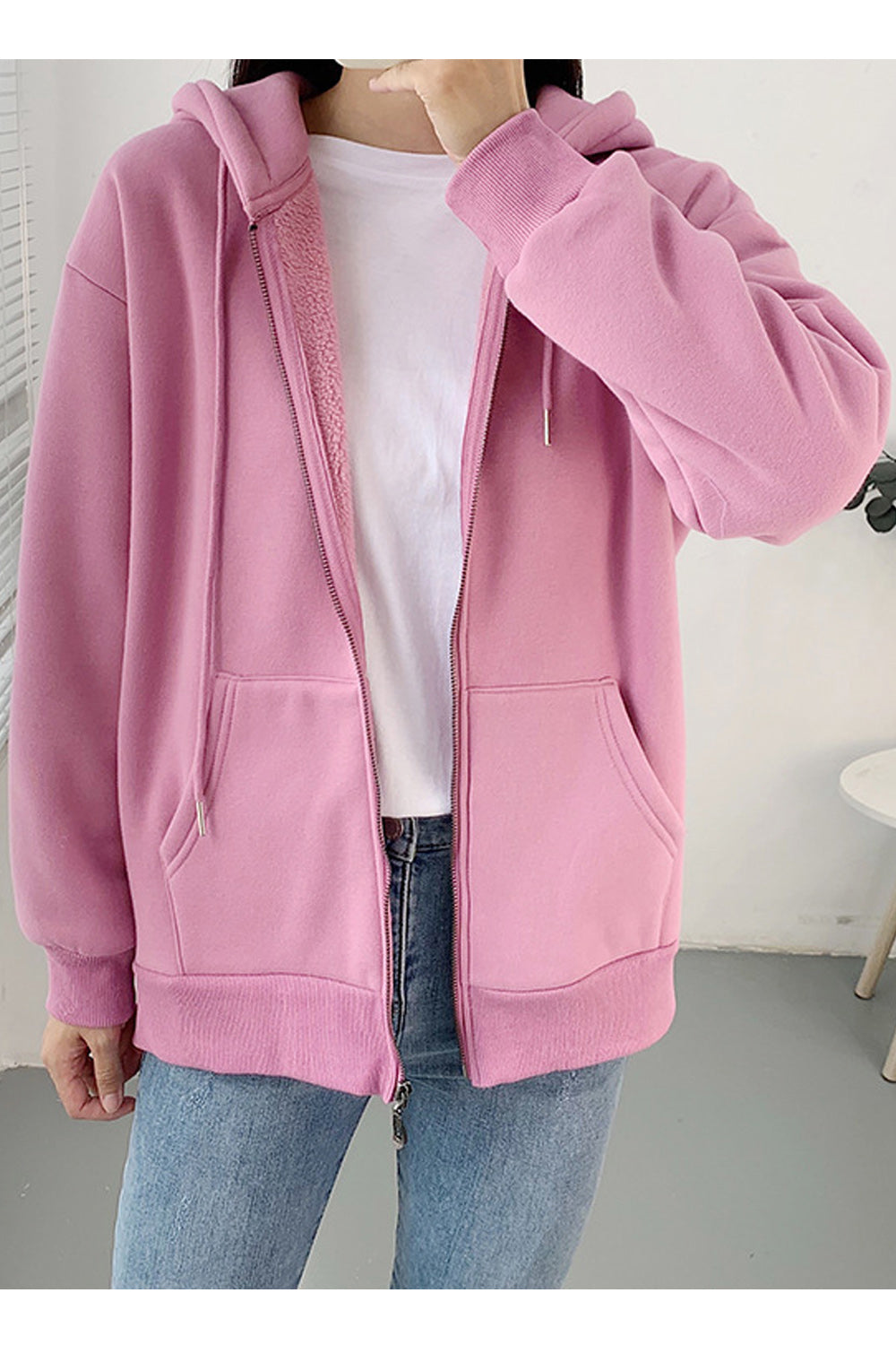 Women Solid Color Zipper Closure Hooded Neck Long Sleeve Hoodie