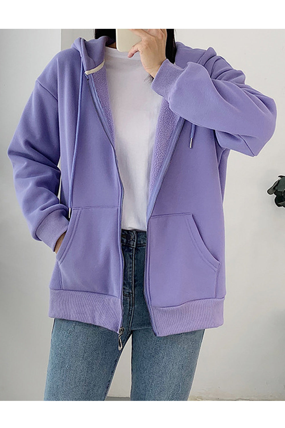Women Solid Color Zipper Closure Hooded Neck Long Sleeve Hoodie