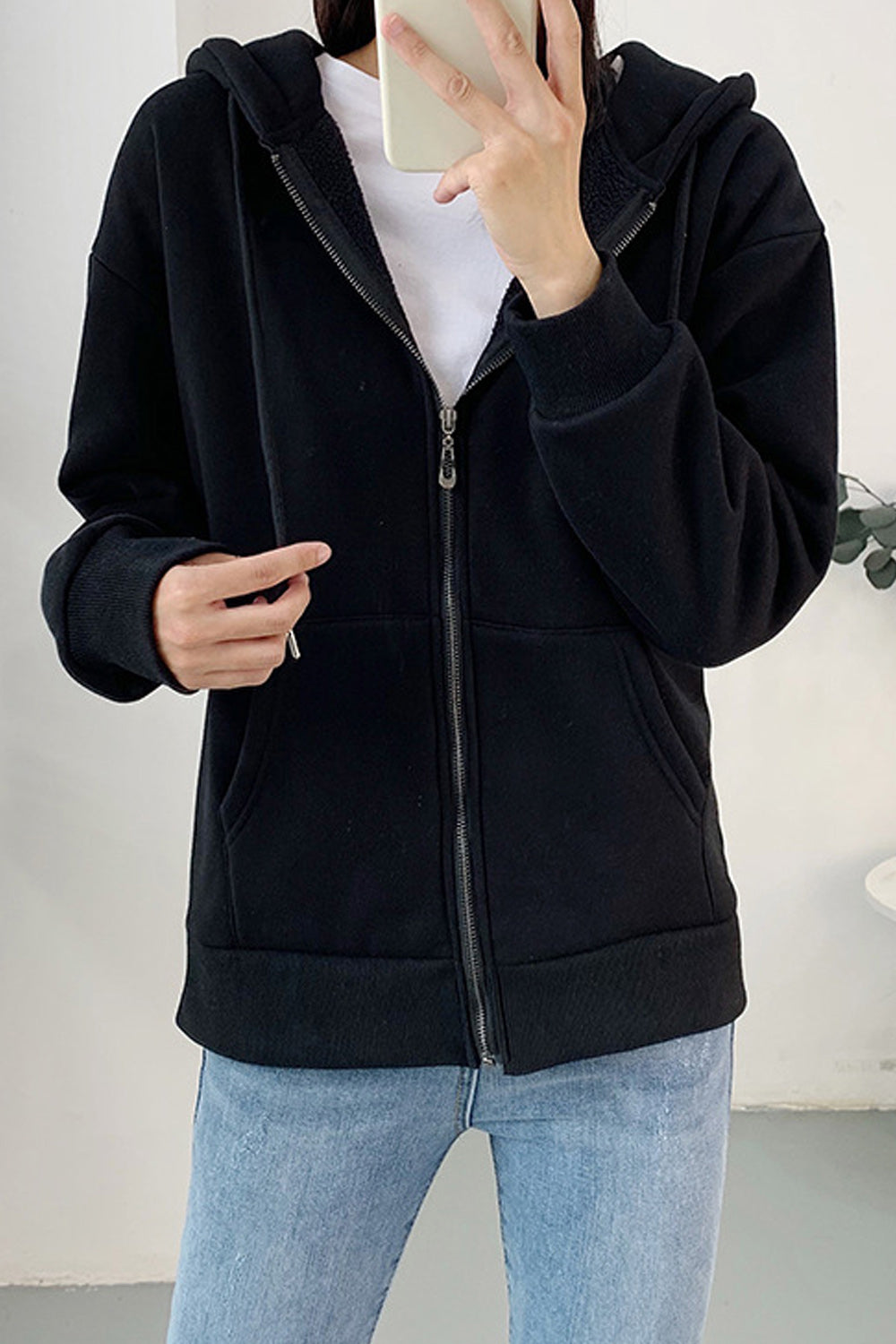 Women Solid Color Zipper Closure Hooded Neck Long Sleeve Hoodie