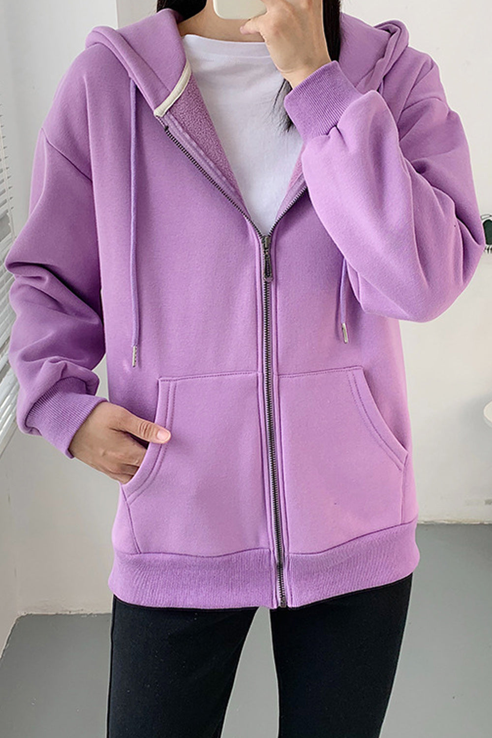 Women Solid Color Zipper Closure Hooded Neck Long Sleeve Hoodie