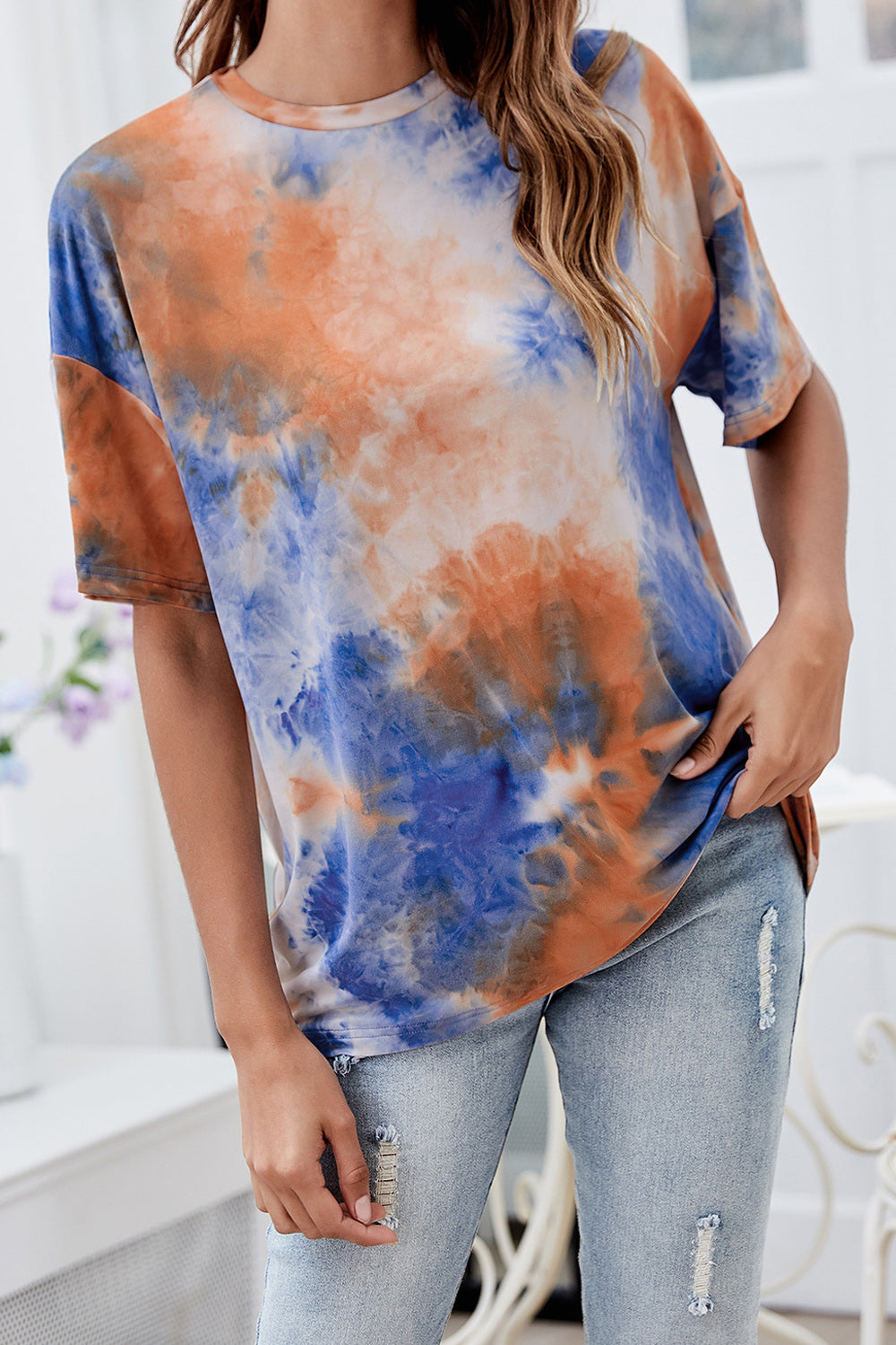 Women Round Neck Tie Dye Printed Warm Long Sleeve Sweatshirt