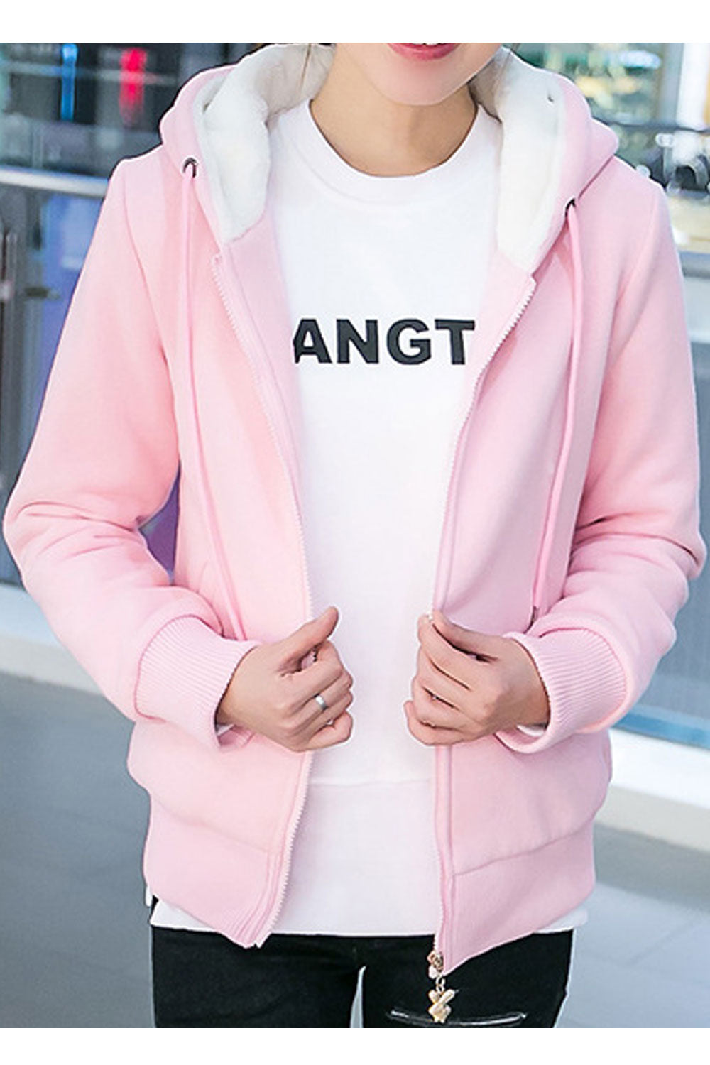 Women Contrast Color Stylish Zipper Closure Hooded Neck Warm Hoodie