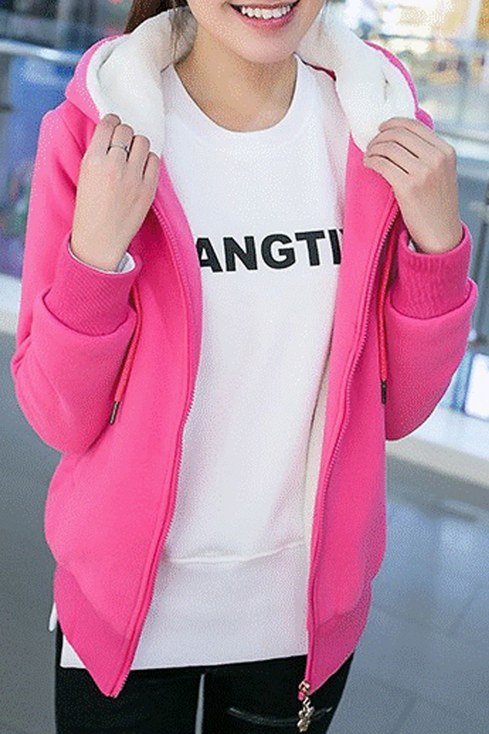 Women Contrast Color Stylish Zipper Closure Hooded Neck Warm Hoodie