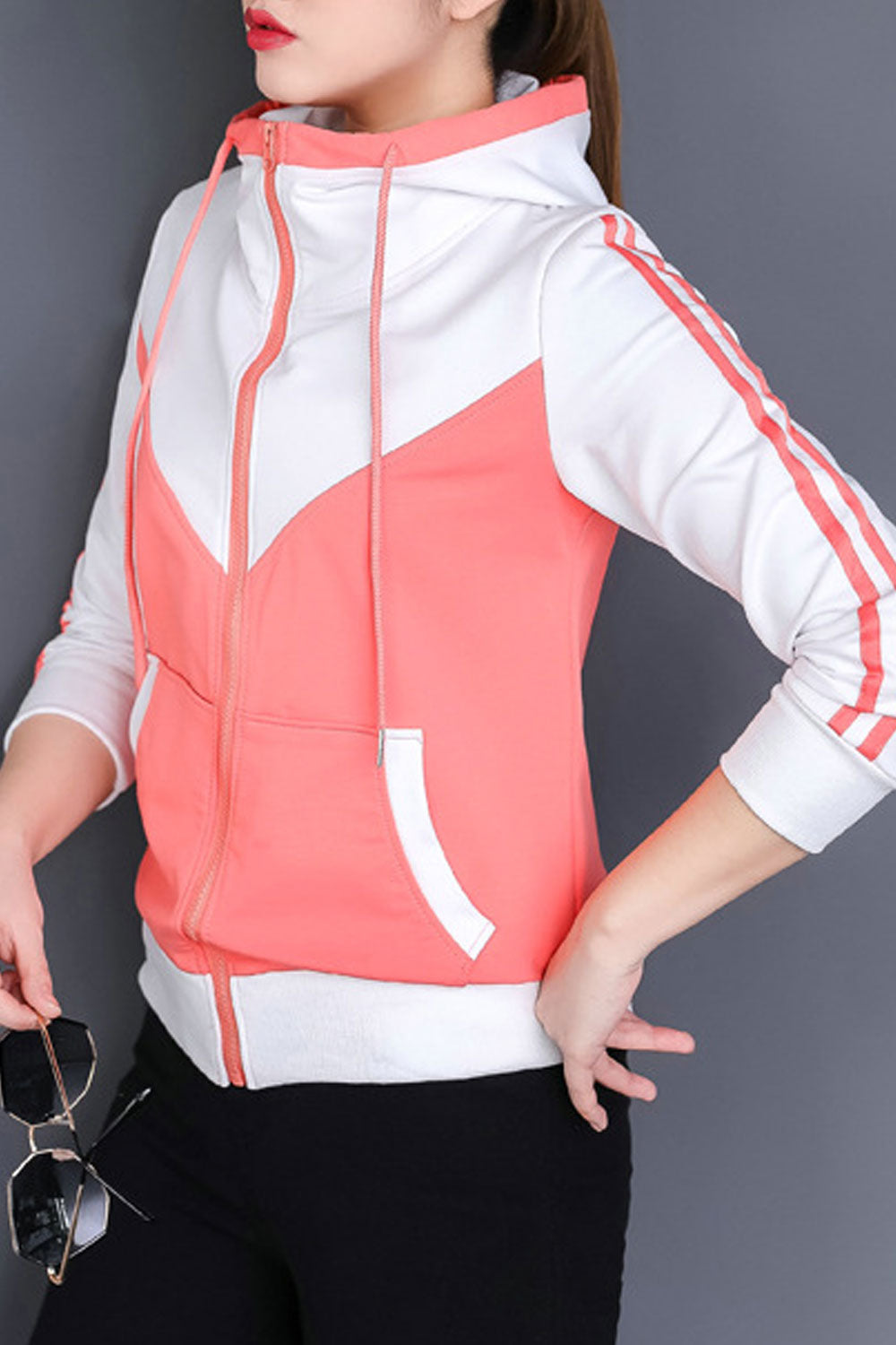 `Women High Neck Breathable Contrast Color Hoodie