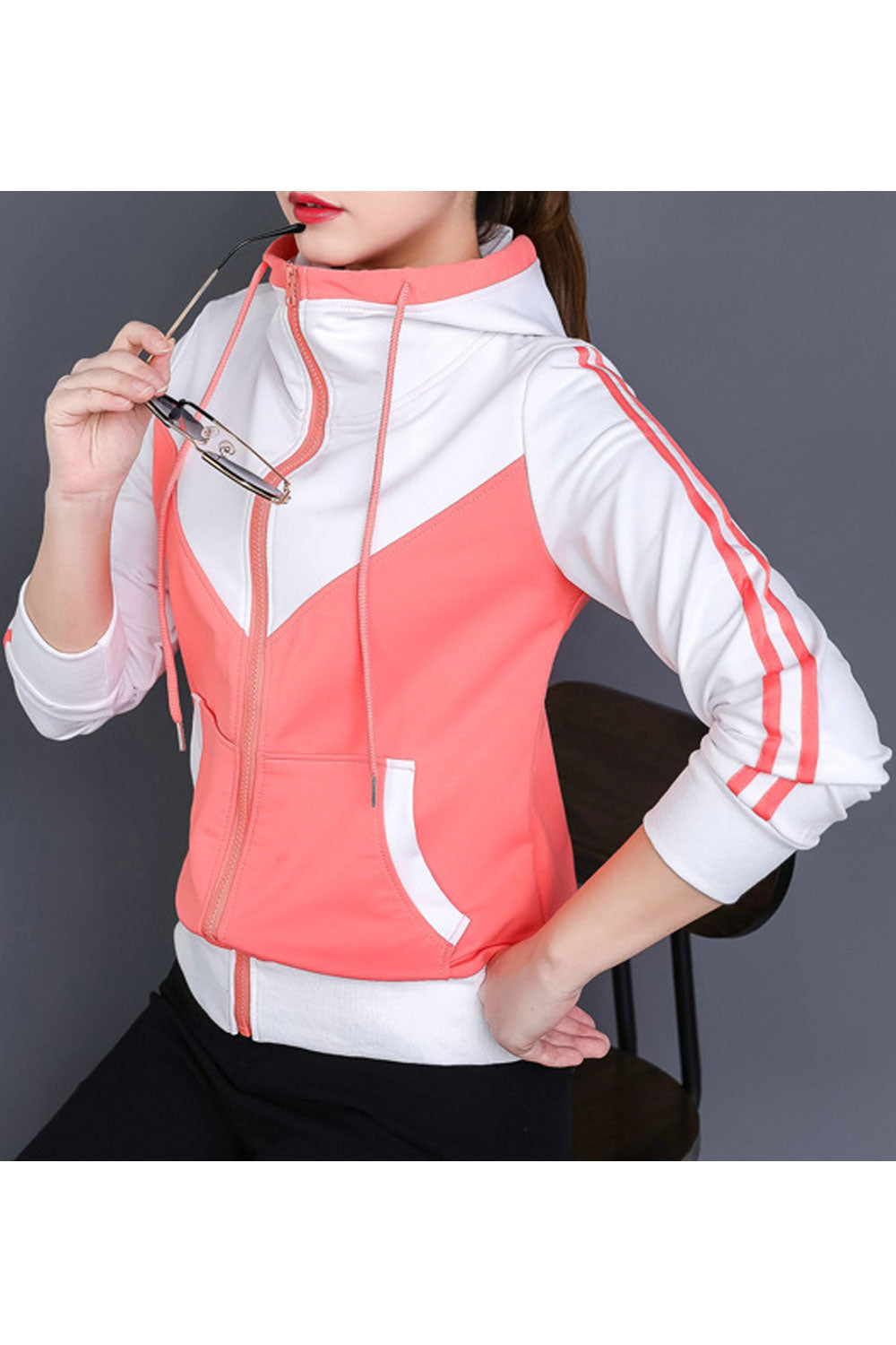 `Women High Neck Breathable Contrast Color Hoodie