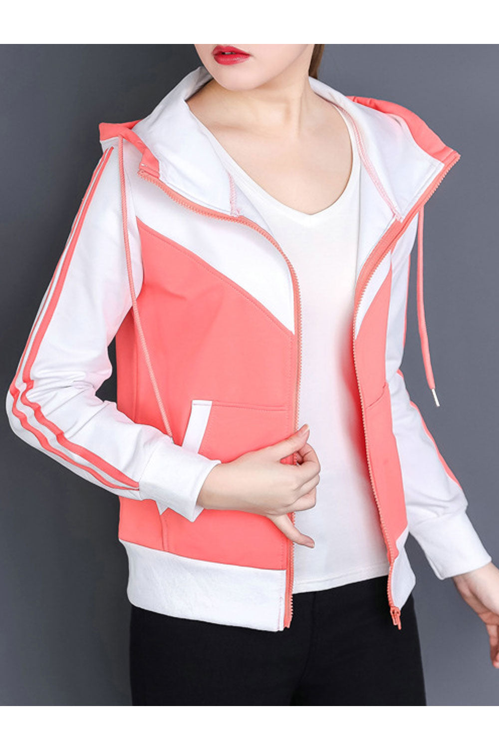 `Women High Neck Breathable Contrast Color Hoodie