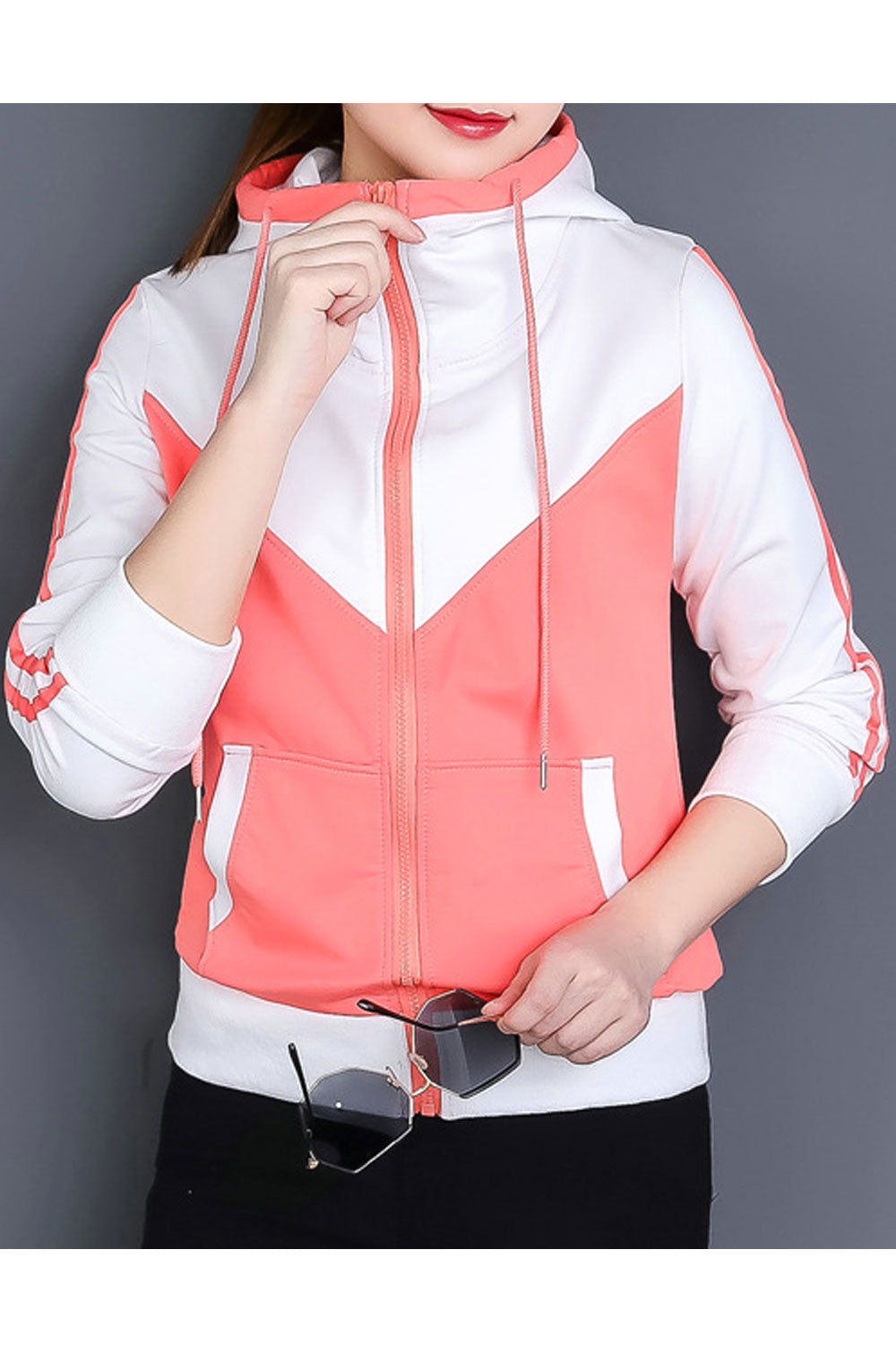 `Women High Neck Breathable Contrast Color Hoodie