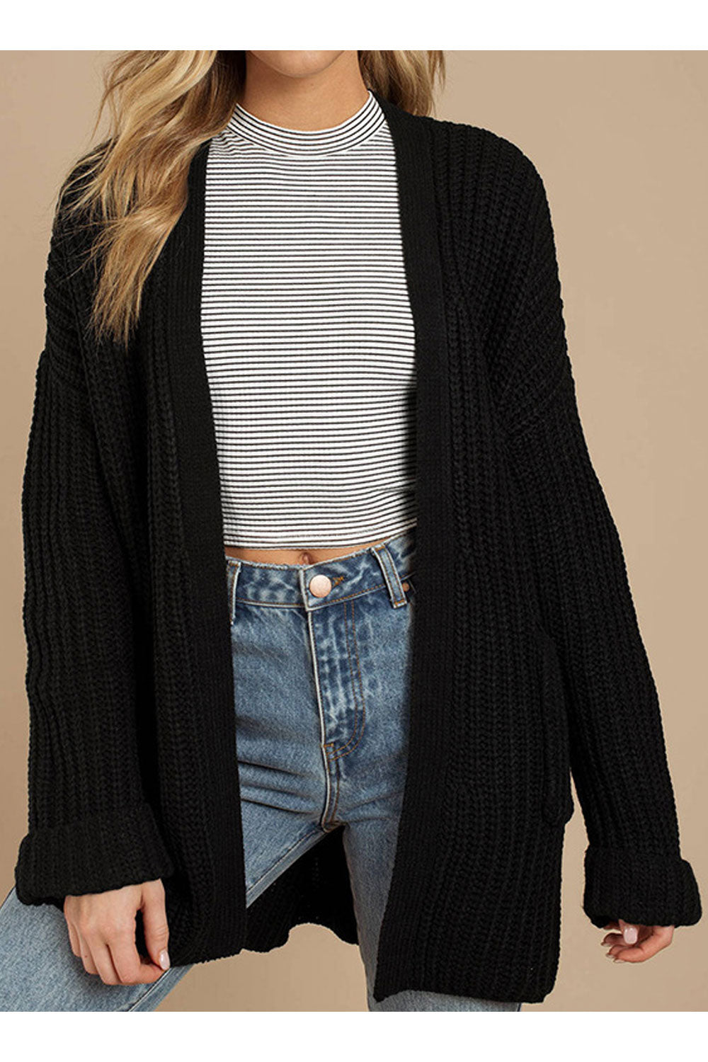 Women Comfortable Front Open Long Sleeve Solid Color Pattern Cardigan