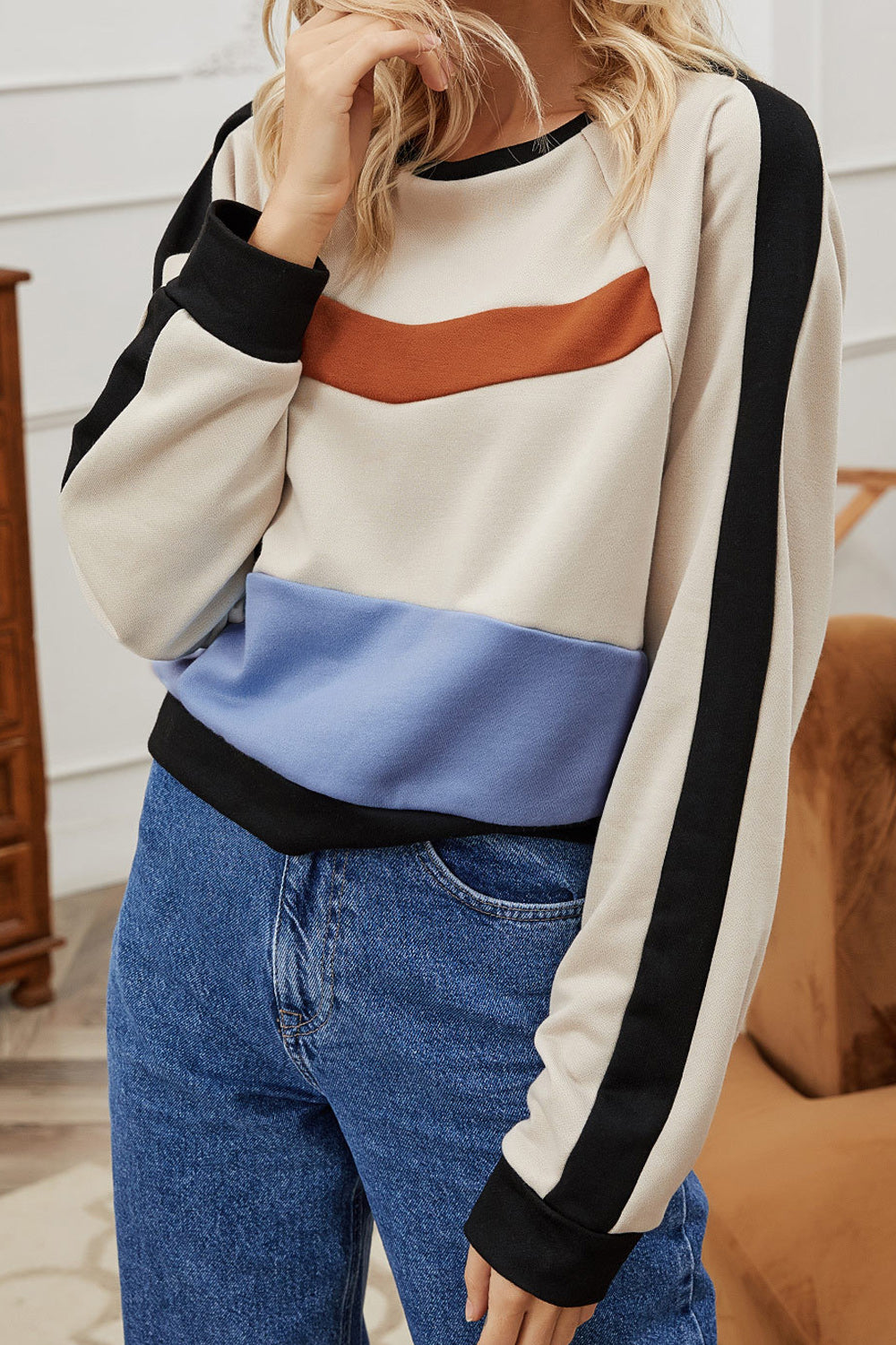 Women Comfy Ribbed Cuff Beautiful Contrast Color Pattern Warm Sweatshirt