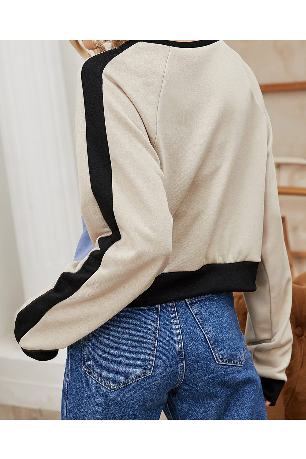 Women Comfy Ribbed Cuff Beautiful Contrast Color Pattern Warm Sweatshirt