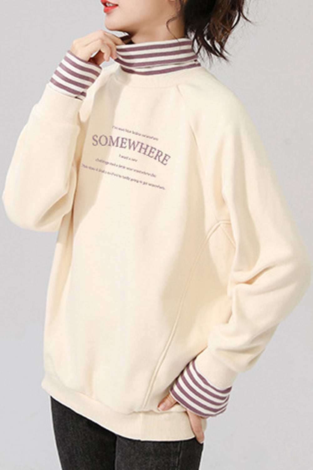 Women Stylish Solid Color Loose Fit Warm Sweatshirt