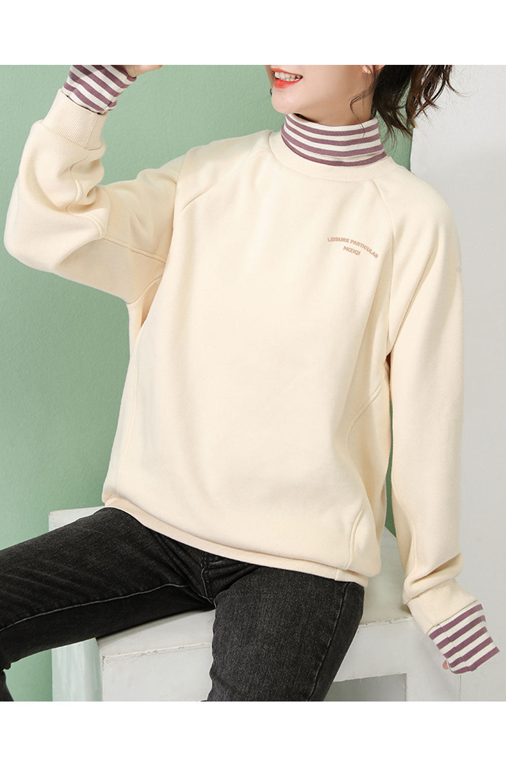 Women Stylish Solid Color Loose Fit Warm Sweatshirt