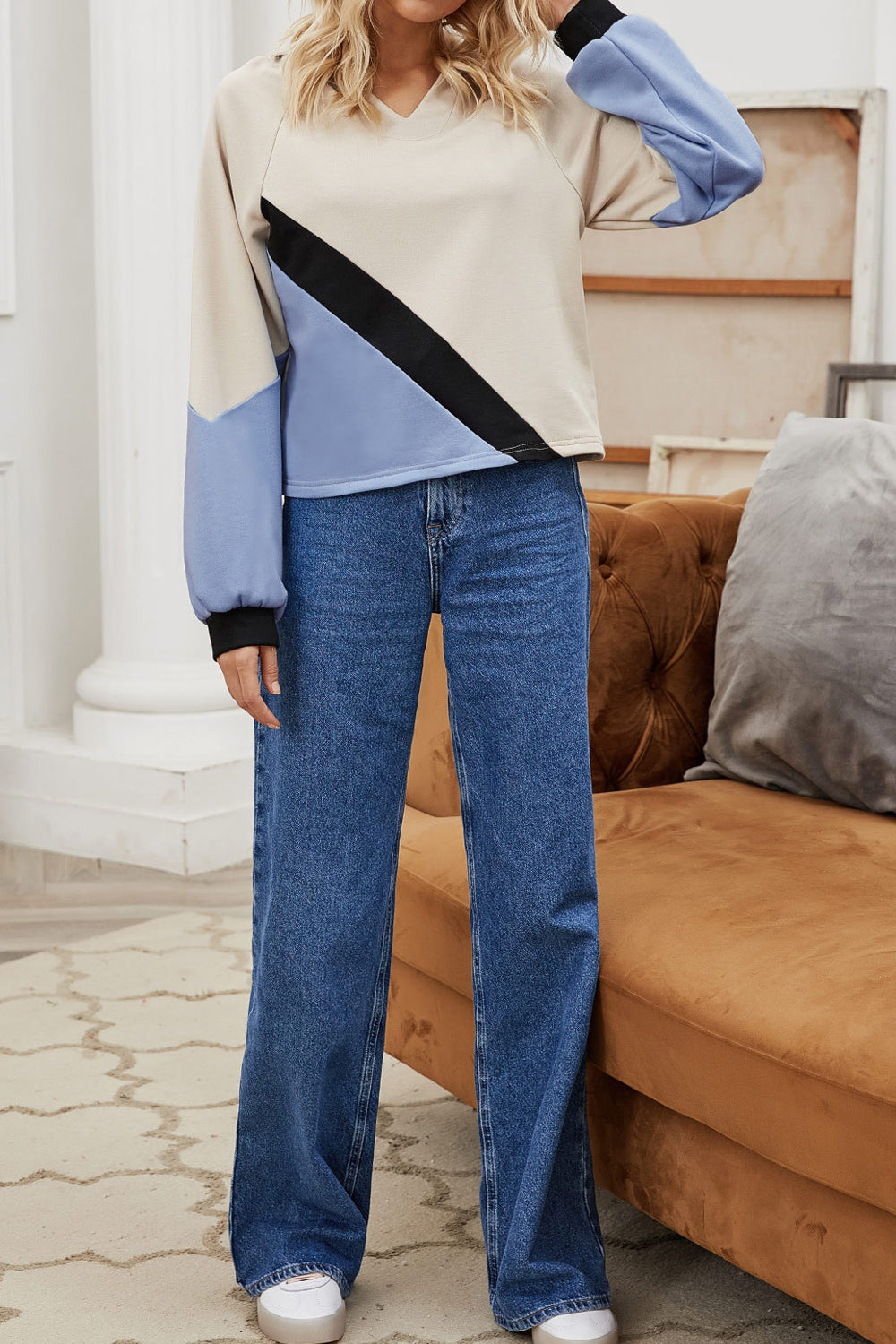 Women Crew Neck Charming Contrast Color Ribbed Long Sleeve Sweatshirt