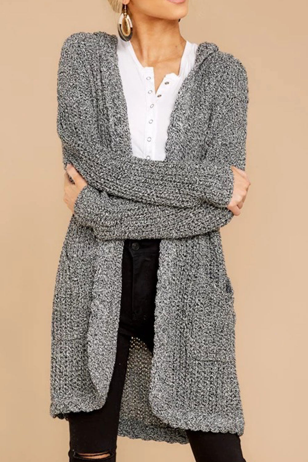Women Cute Solid Colored Easy Hooded Neck Front Open Cardigan
