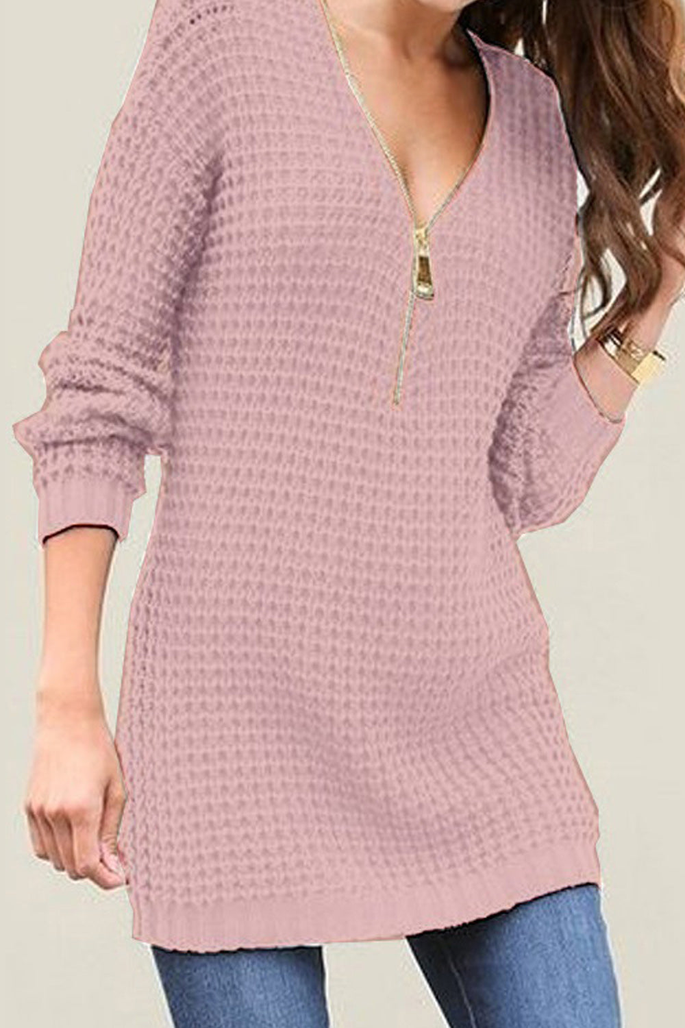 Women Ribbed Cuff Zipper Closure V-Neck Beautiful Sweater