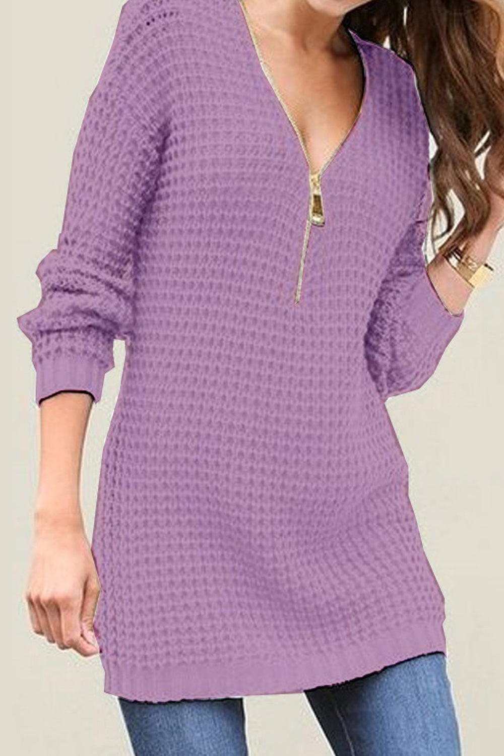 Women Ribbed Cuff Zipper Closure V-Neck Beautiful Sweater