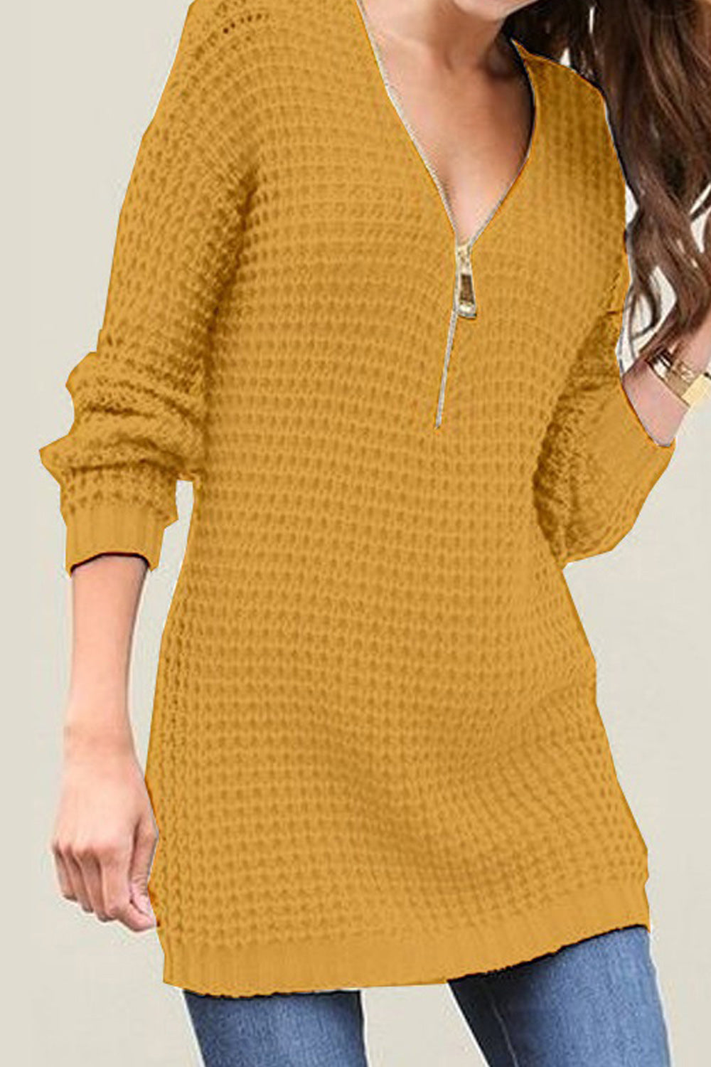 Women Ribbed Cuff Zipper Closure V-Neck Beautiful Sweater