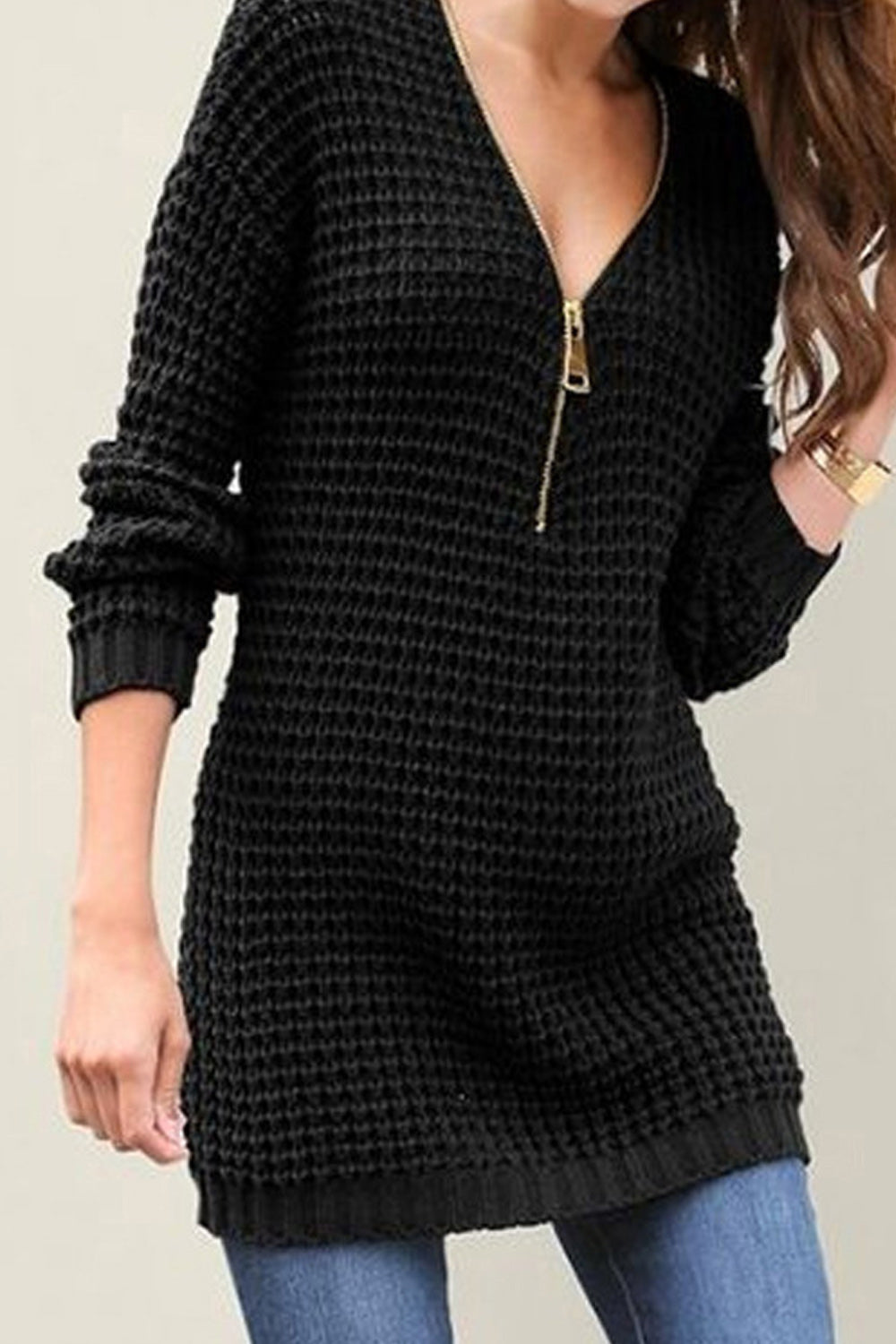 Women Ribbed Cuff Zipper Closure V-Neck Beautiful Sweater