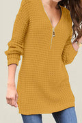 Women Ribbed Cuff Zipper Closure V-Neck Beautiful Sweater
