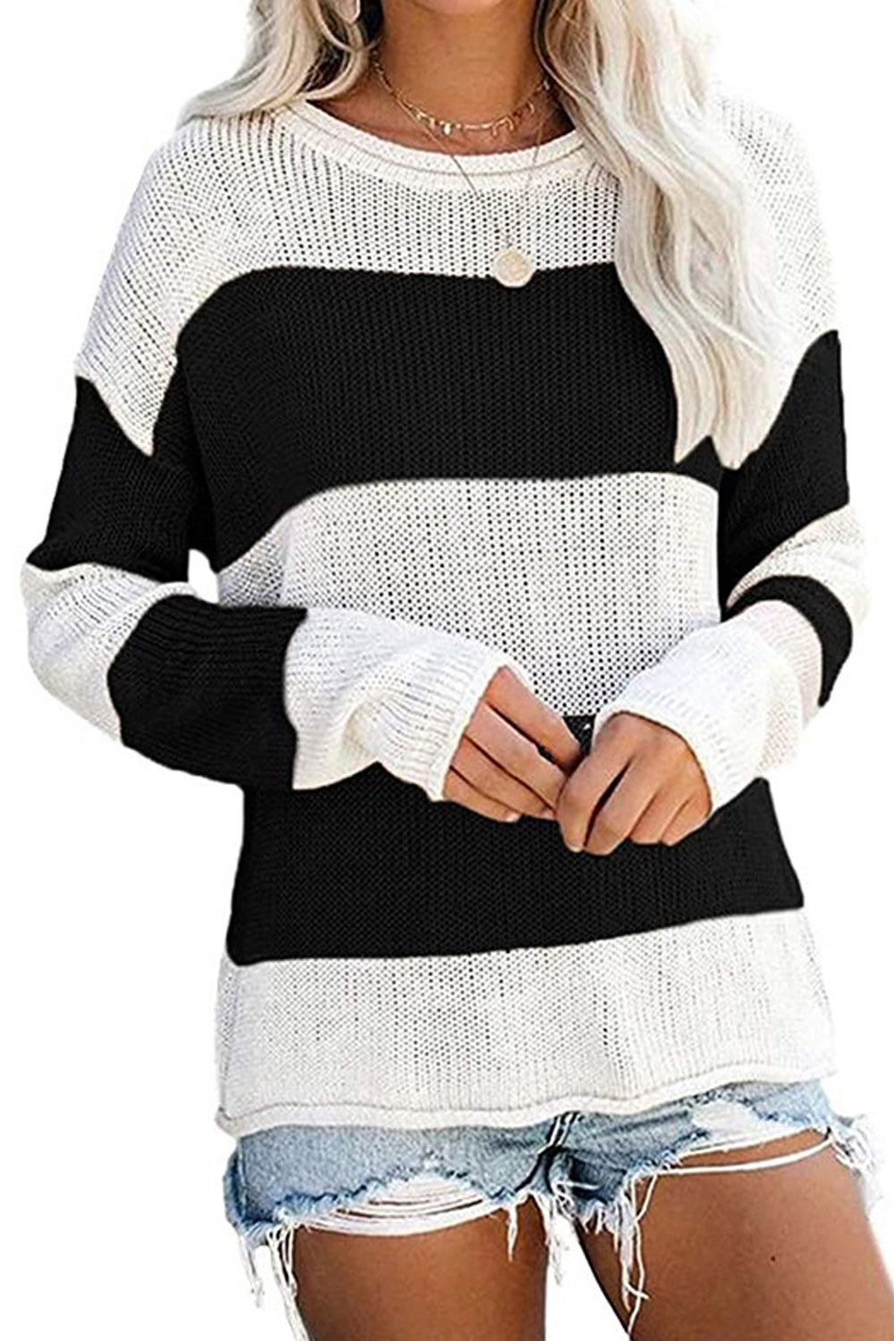 Women Stretchable Long Sleeve Contrast Color Cozy Sweater