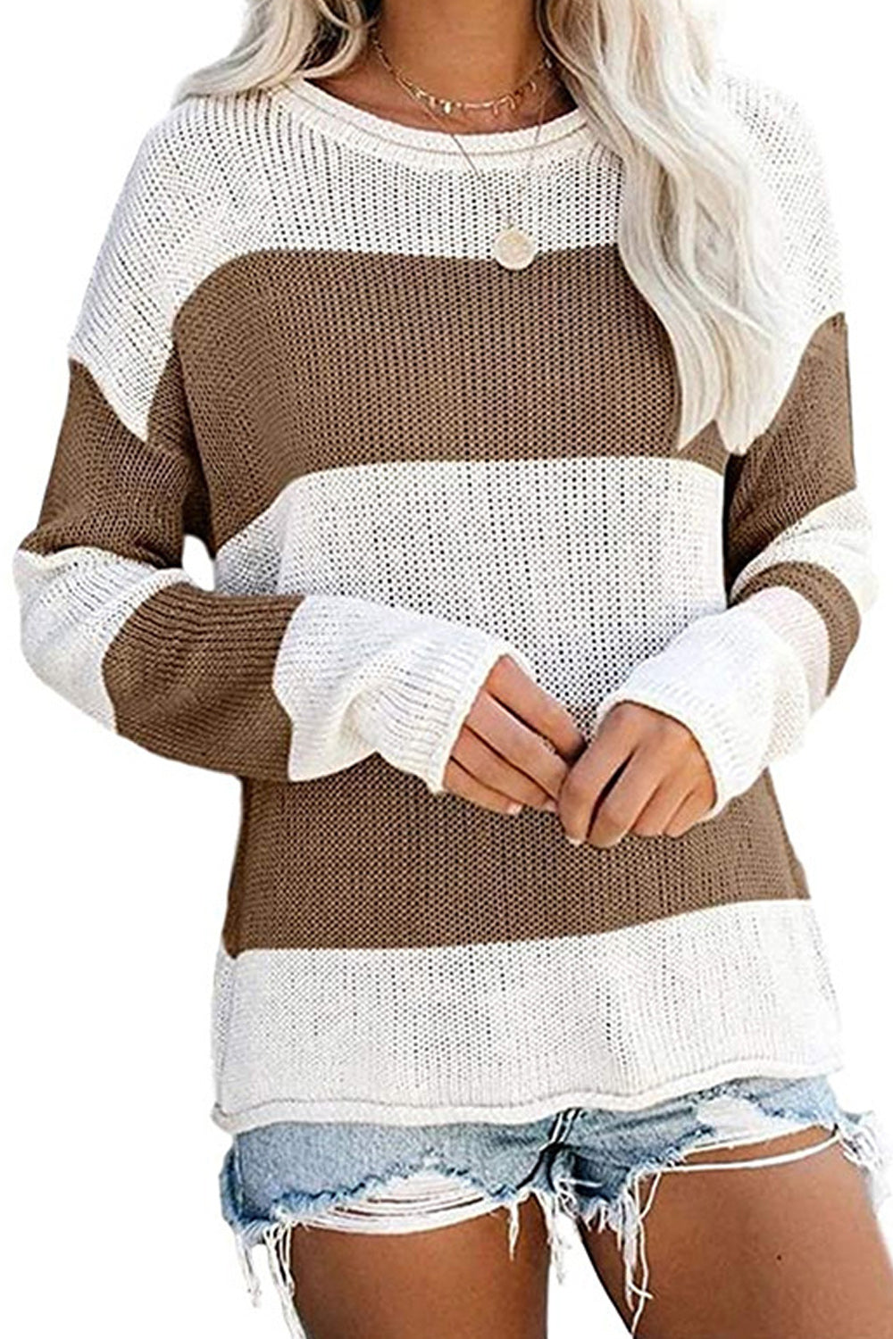 Women Stretchable Long Sleeve Contrast Color Cozy Sweater