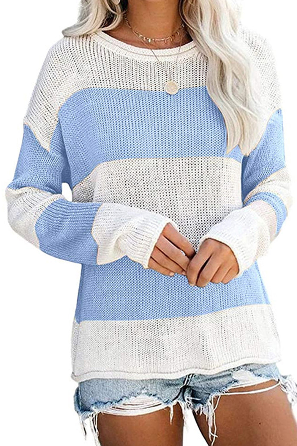 Women Stretchable Long Sleeve Contrast Color Cozy Sweater