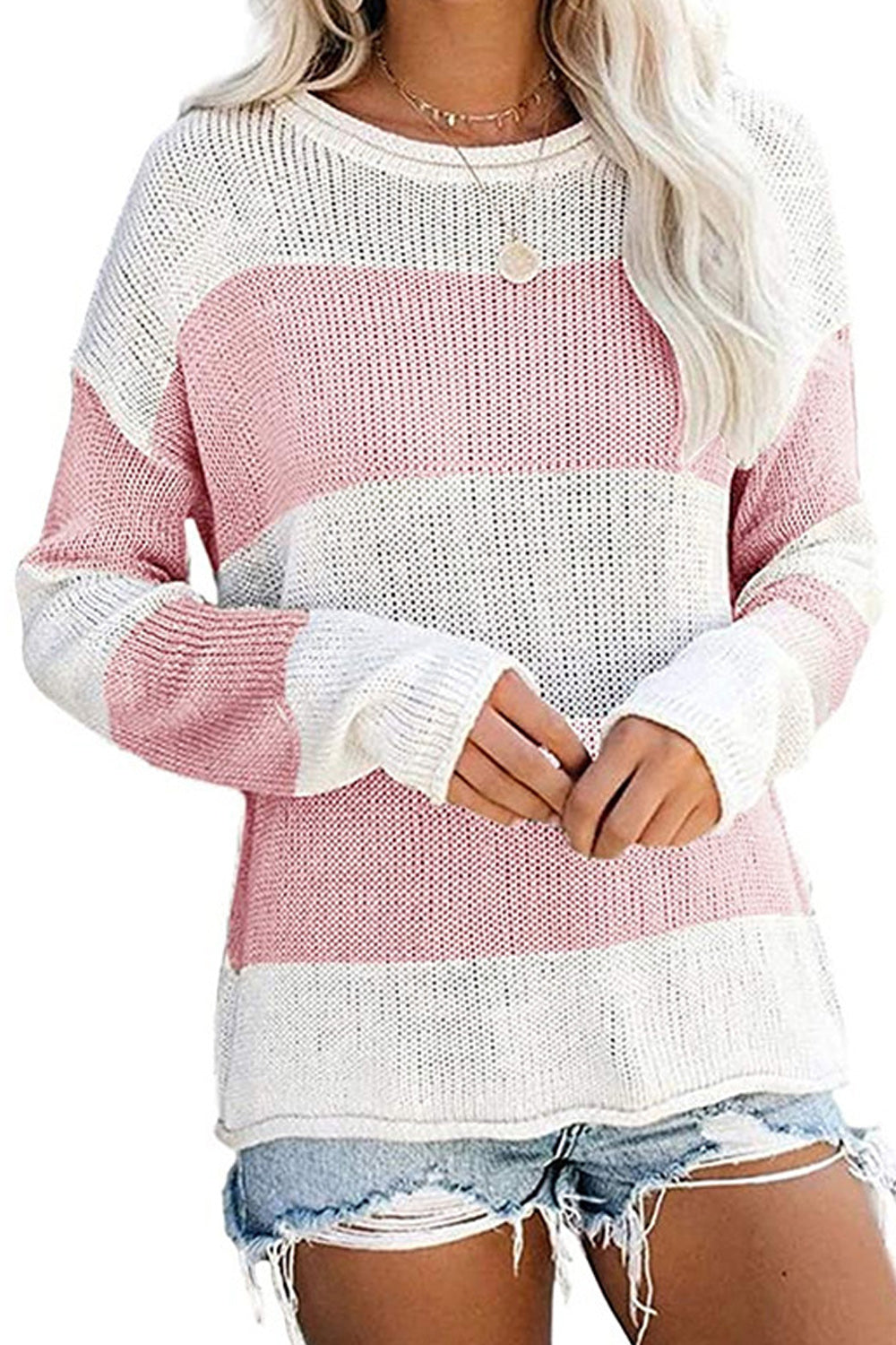 Women Stretchable Long Sleeve Contrast Color Cozy Sweater