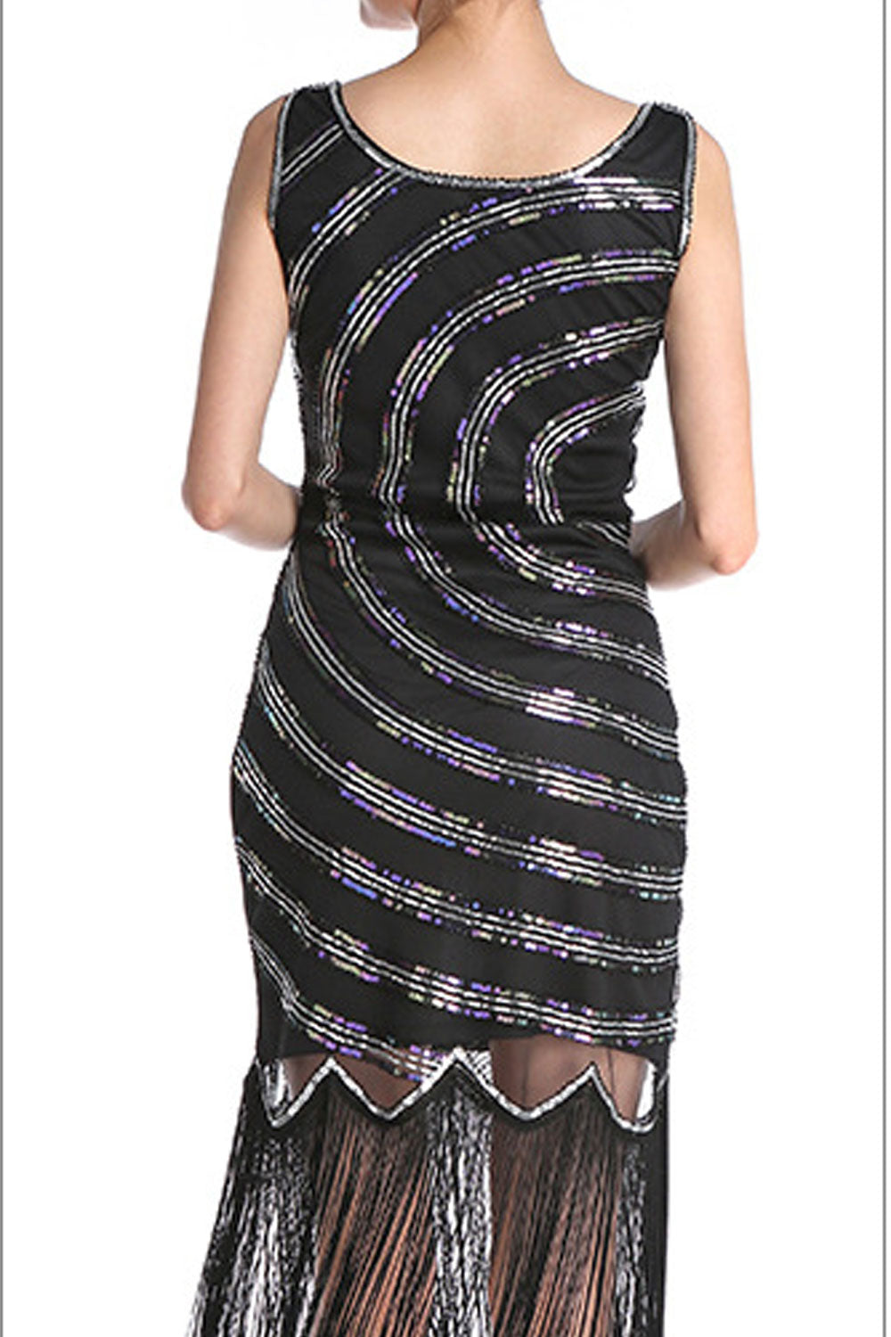 Women Lovely Tassel hem Sequins Decorated Slim Fit Sleeveless Ventilated Dress