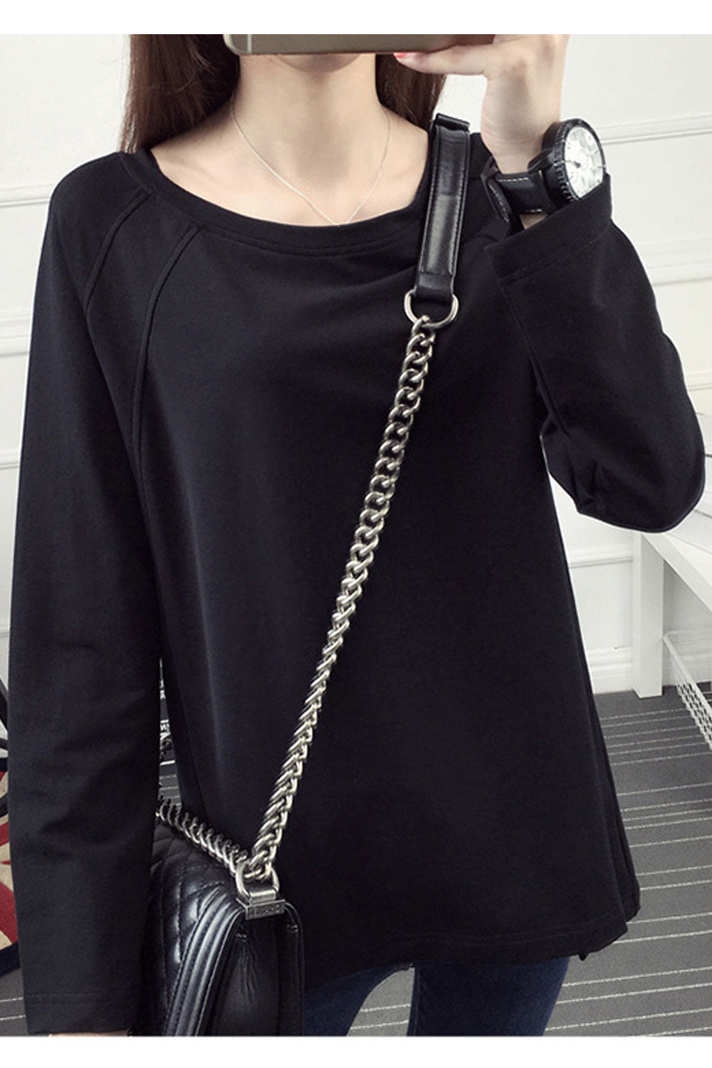 Women Fashionic Solid Color Round Neck Sweatshirt