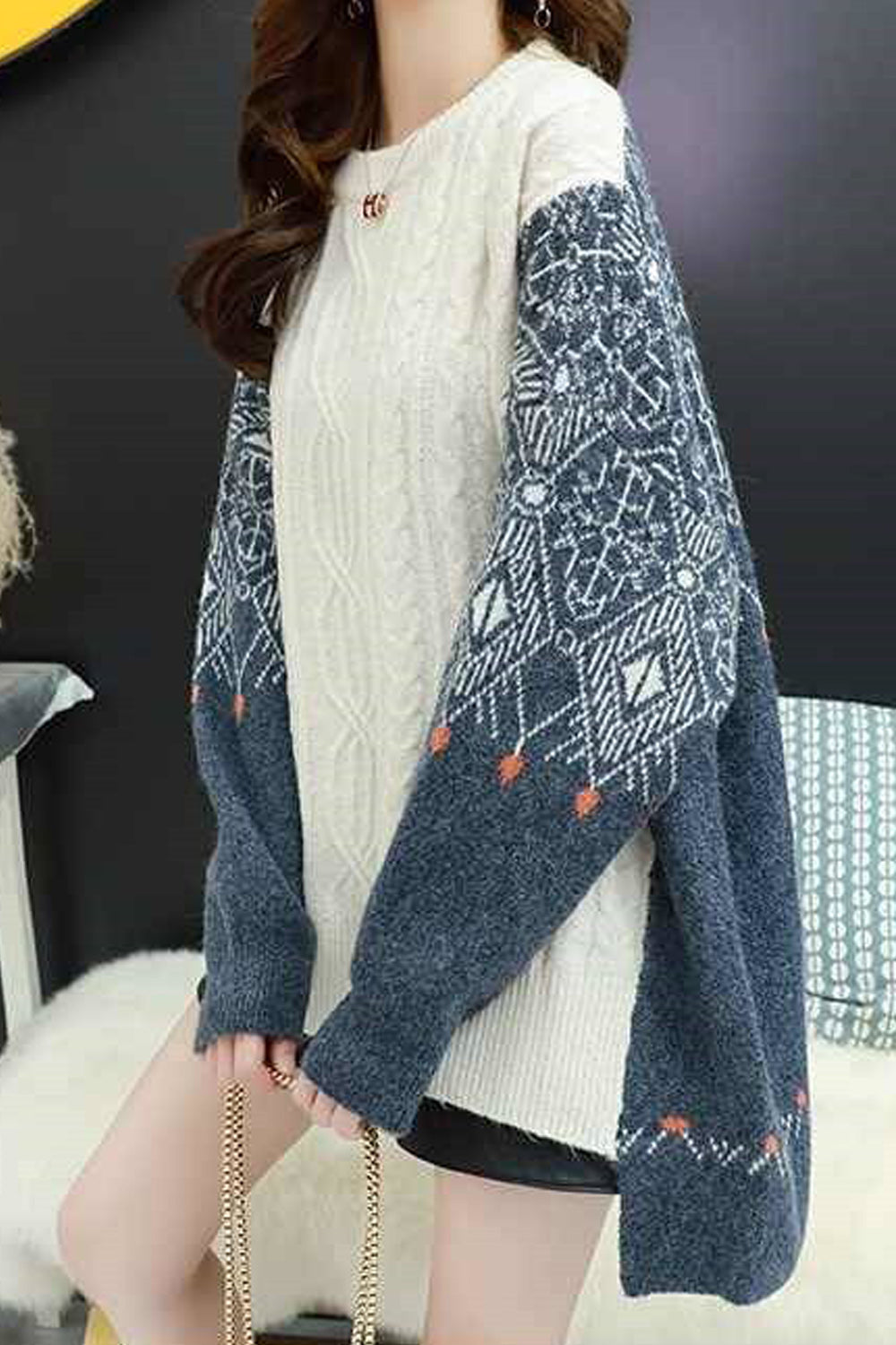 Women Loose Mid Length Thick Long Sleeve Contrast Color Sweater