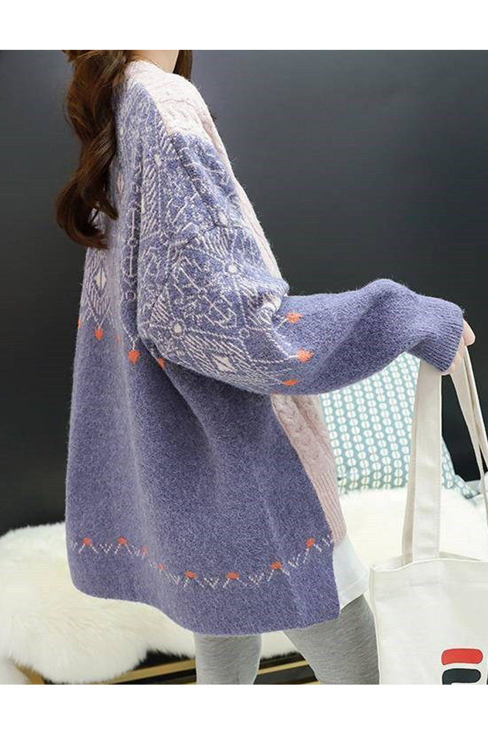 Women Loose Mid Length Thick Long Sleeve Contrast Color Sweater