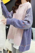 Women Loose Mid Length Thick Long Sleeve Contrast Color Sweater