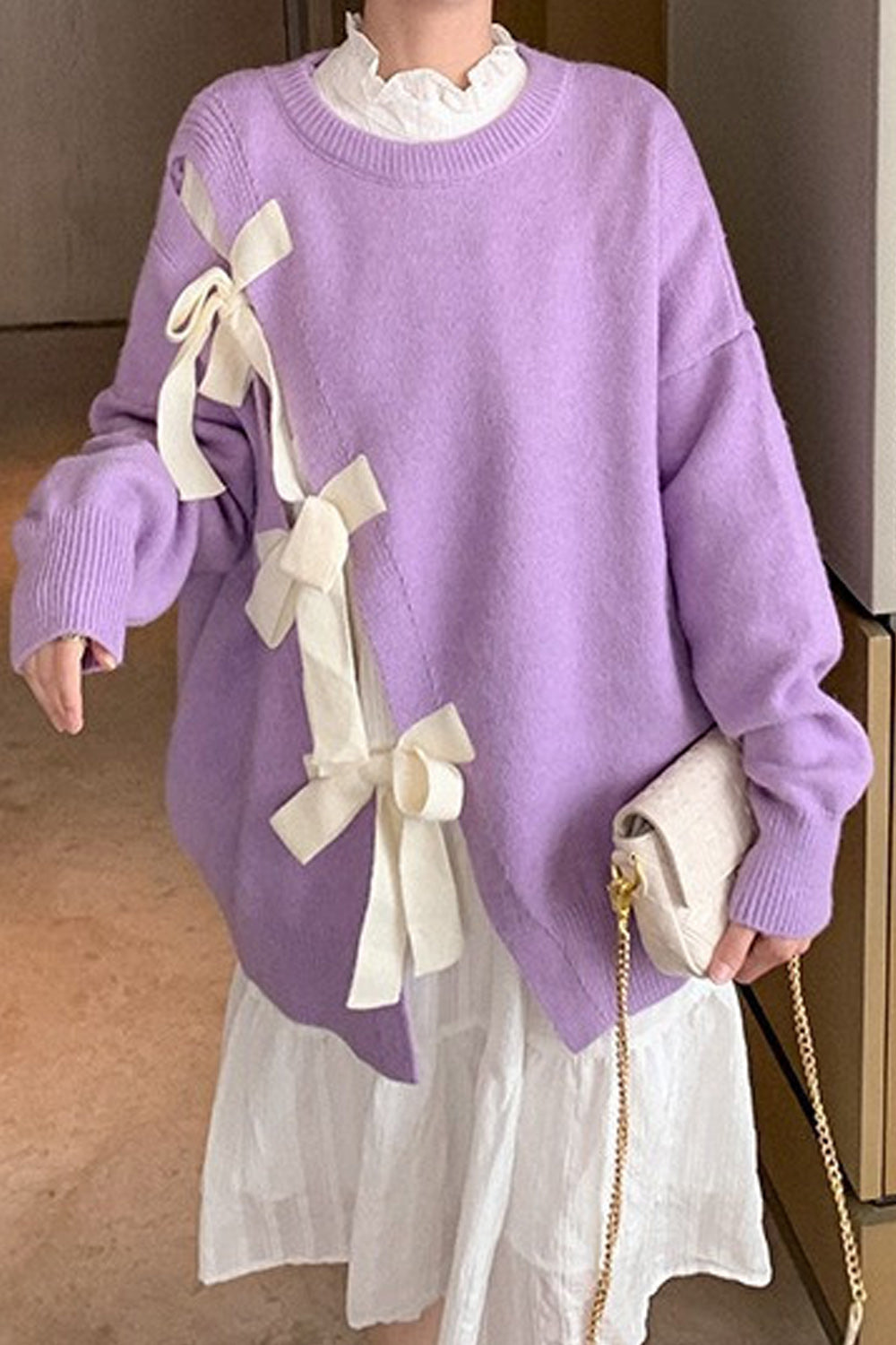 Women Fashionable Bow Decorated Irregular Sweater