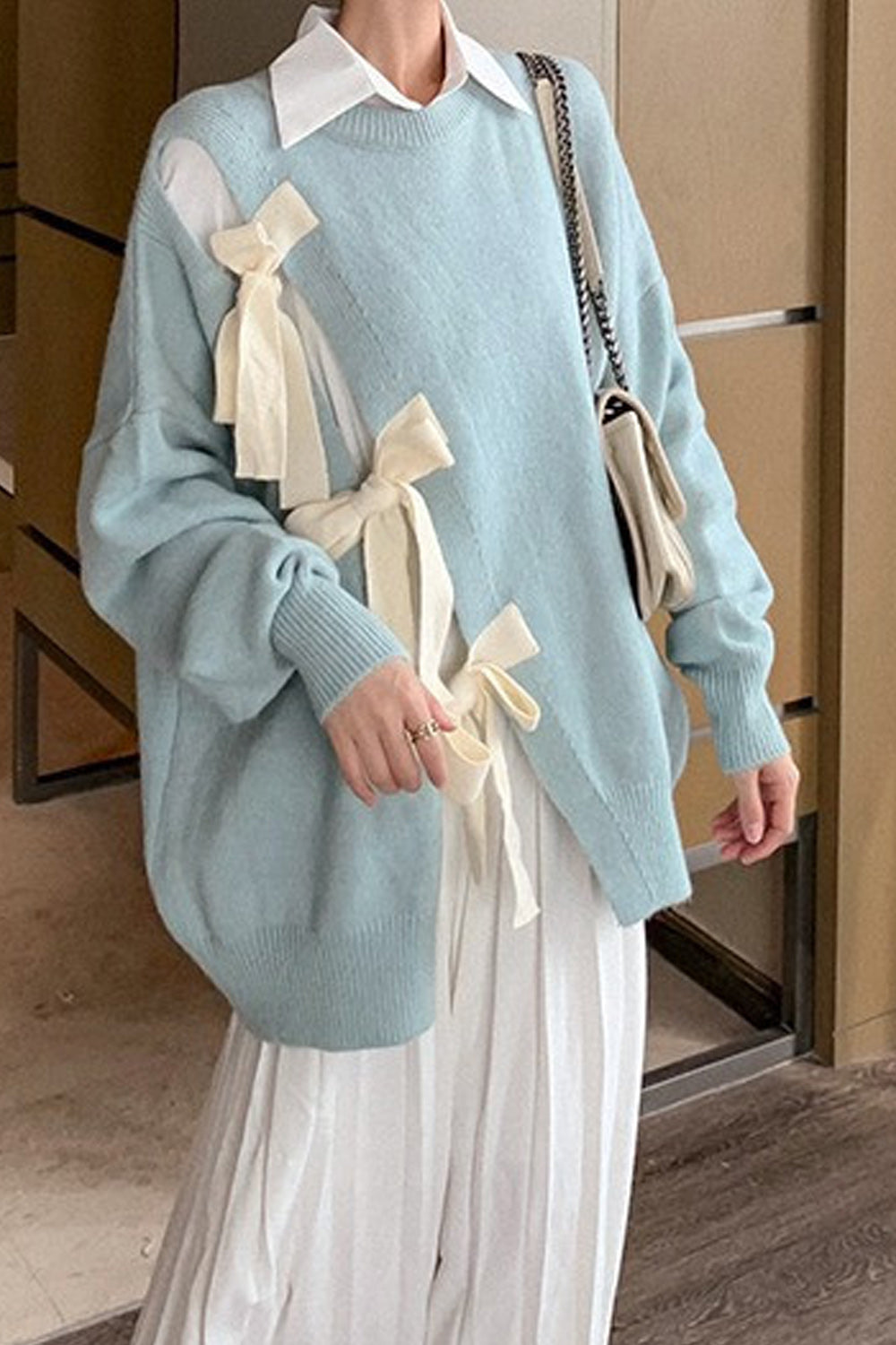 Women Fashionable Bow Decorated Irregular Sweater