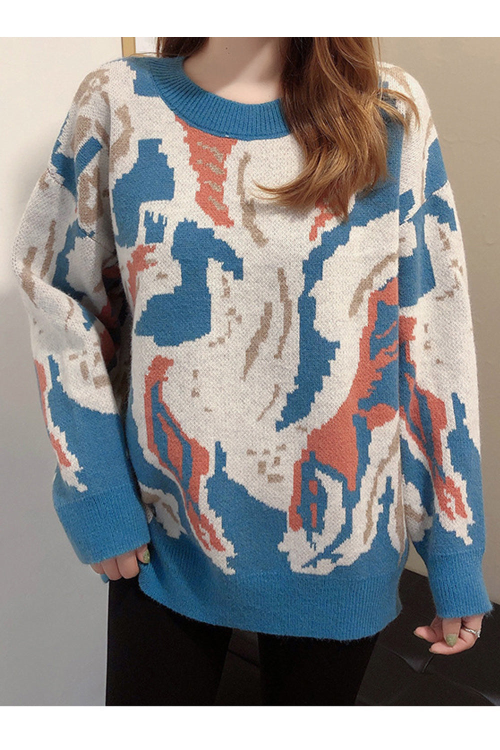 Women Button Closure Collar Neck Loose Fit Warm Sweater
